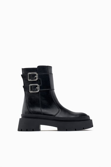 Image 0 of LOW HEELED BUCKLED LEATHER ANKLE BOOTS from Zara
