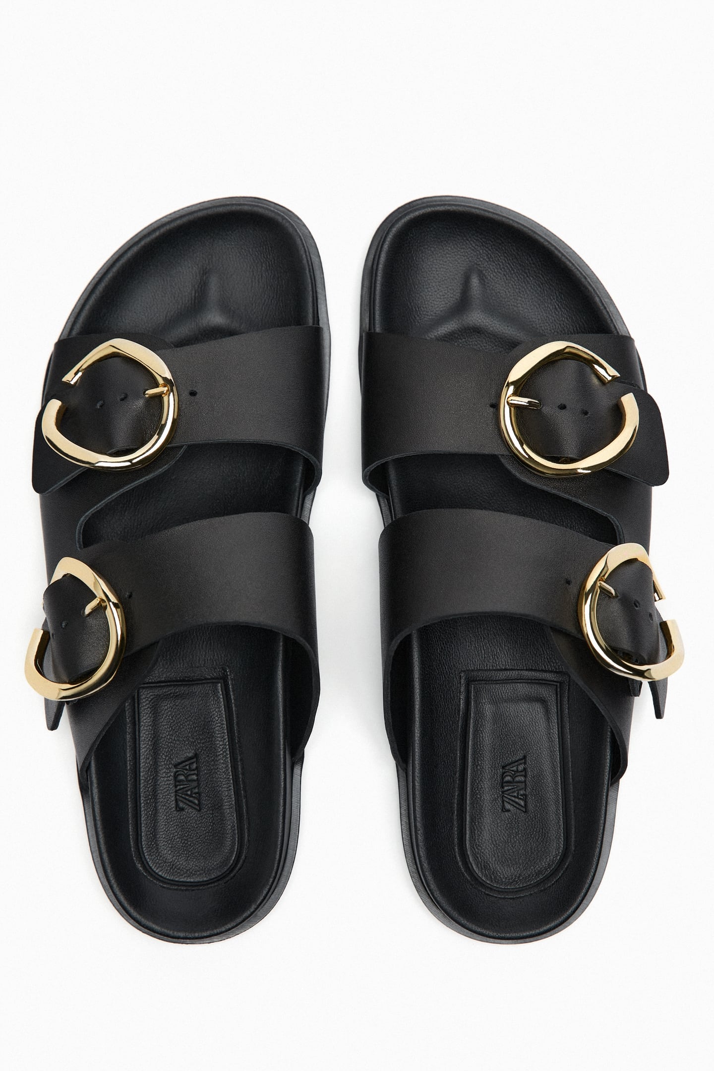 Flat buckled leather slider sandals, Zara
