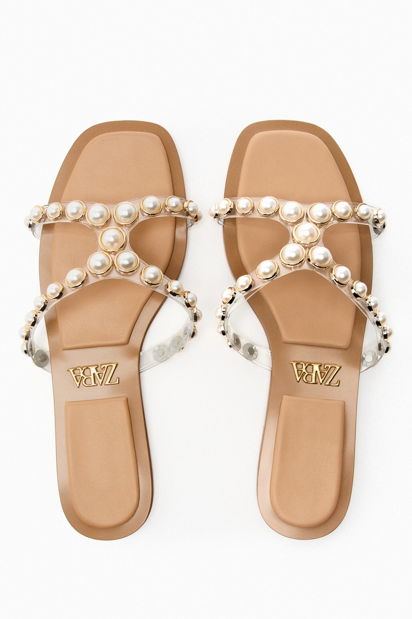 Flat vinyl pearl bead sandals, Zara