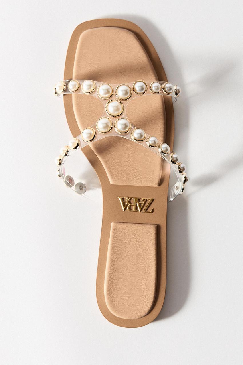 Zara flat vinyl pearl bead sandals Clearance