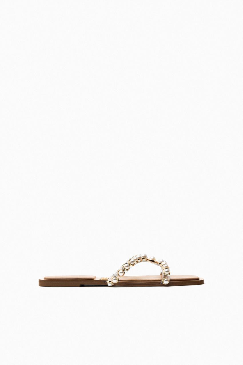 Zara flat vinyl pearl bead sandals Clearance