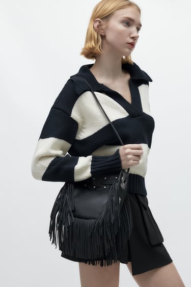Image 0 of LEATHER BUCKET BAG WITH FRINGING from Zara