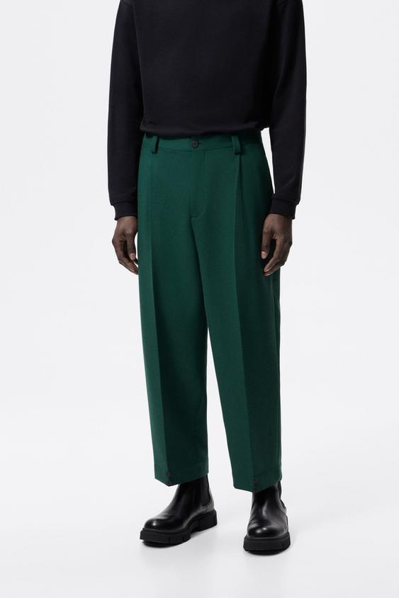 zara green pleated trousers