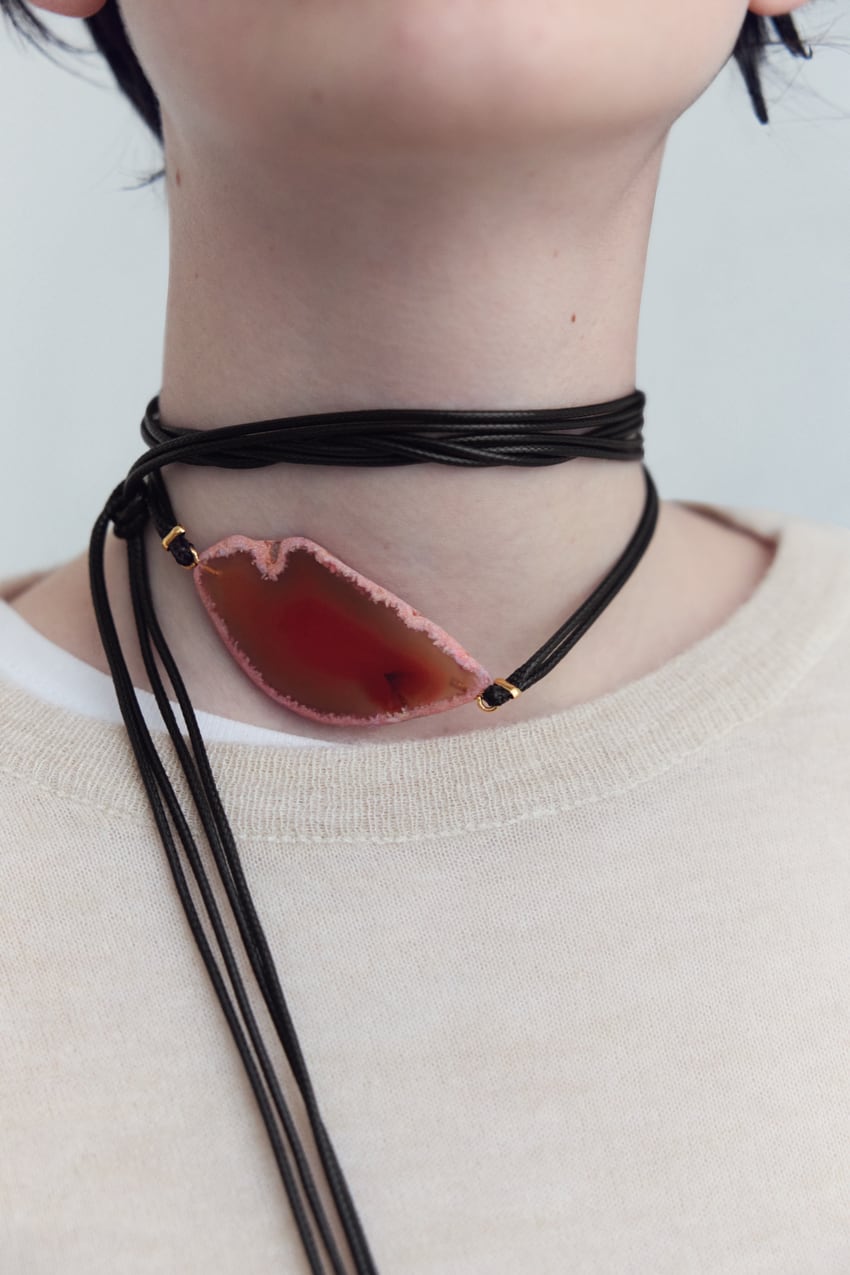 Zara - Long Stone Cord Necklace - Black - Women
