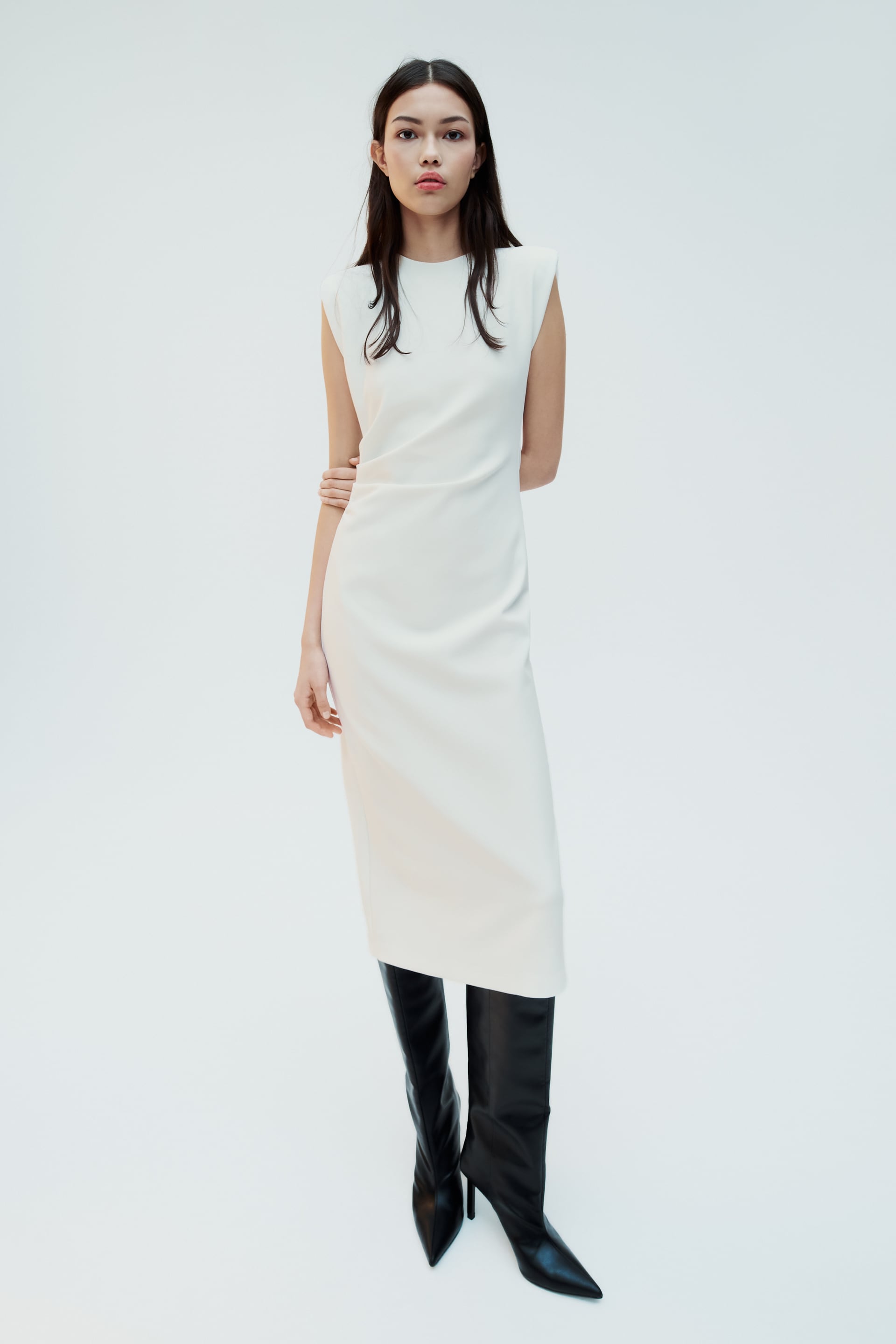 CREPE MIDI DRESS WITH PADDED SHOULDERS