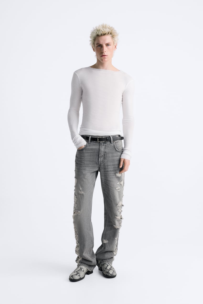 SIDE RIPPED EFFECT JEANS - Gray