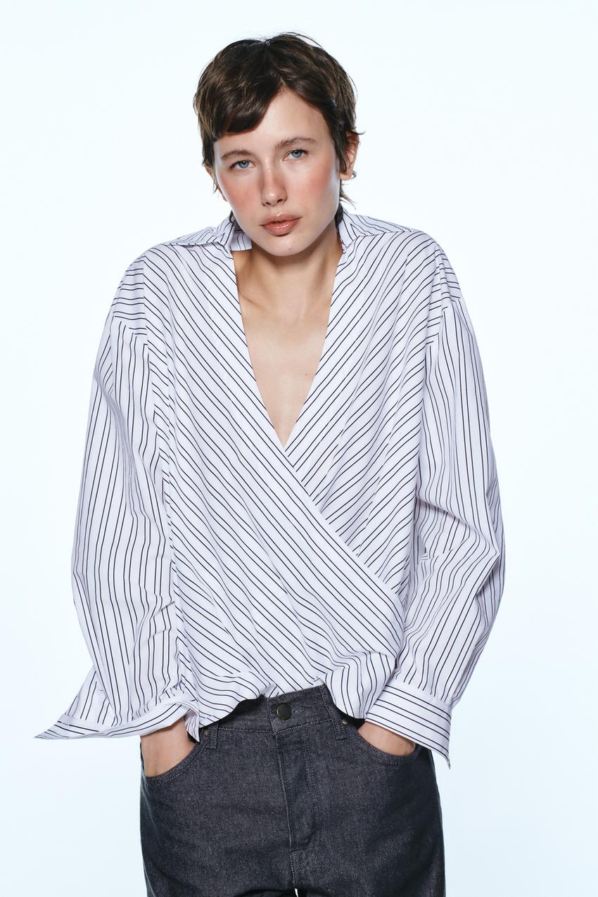 CAMISA CRUZADA RAYAS Blanco Marino ZARA Chile