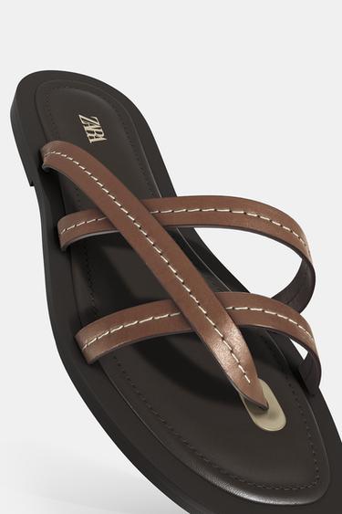FLAT LEATHER STRAPPY SANDALS - Brown by Zara - Image 5