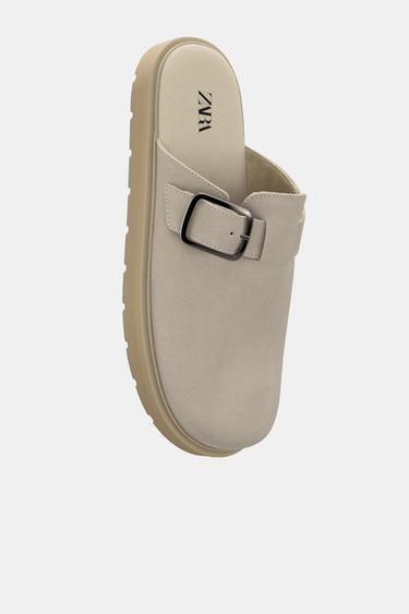 Zara LEATHER BUCKLE CLOGS - Beige - Image 0