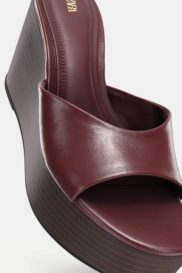 Zara CRACKLED EFFECT WEDGE SANDALS - Burgundy Red - Image 0