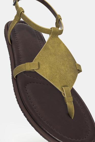 SPLIT SUEDE FLAT SANDALS - Khaki Green by Zara - Image 6