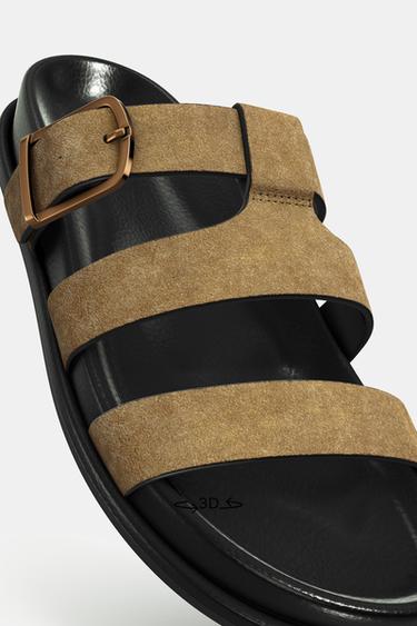 SANDALES PLATES À BOUCLE EN CROÛTE DE CUIR - Vert olive de Zara - Image 3