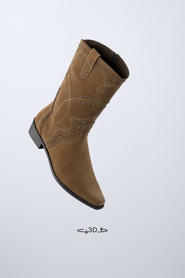 STUDDED SUEDE COWBOY BOOTS - Brown by Zara - Image 1