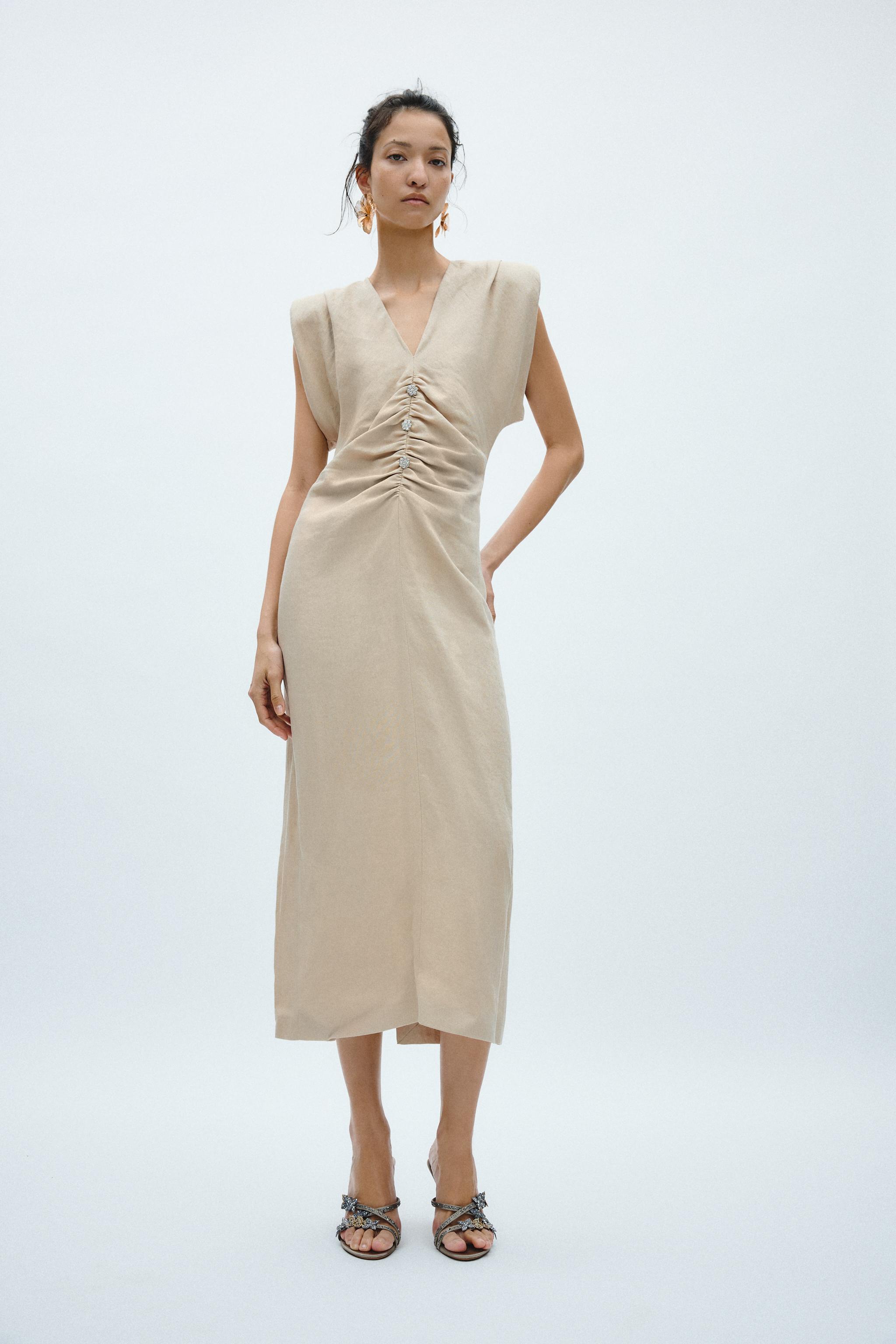 LINEN BLEND DRESS WITH SHOULDER PADS - ZW COLLECTION