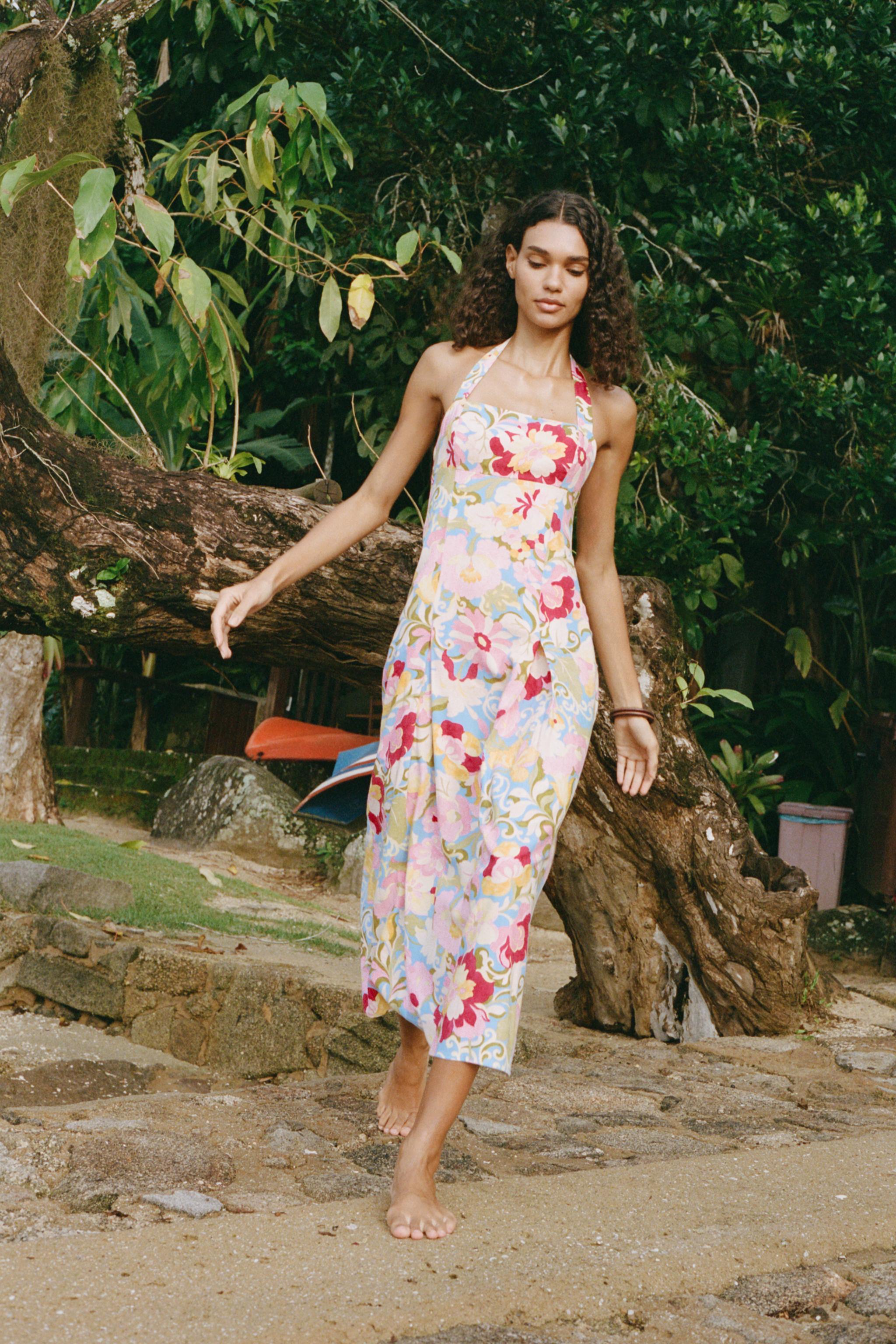 PRINTED LINEN BLEND MIDI DRESS