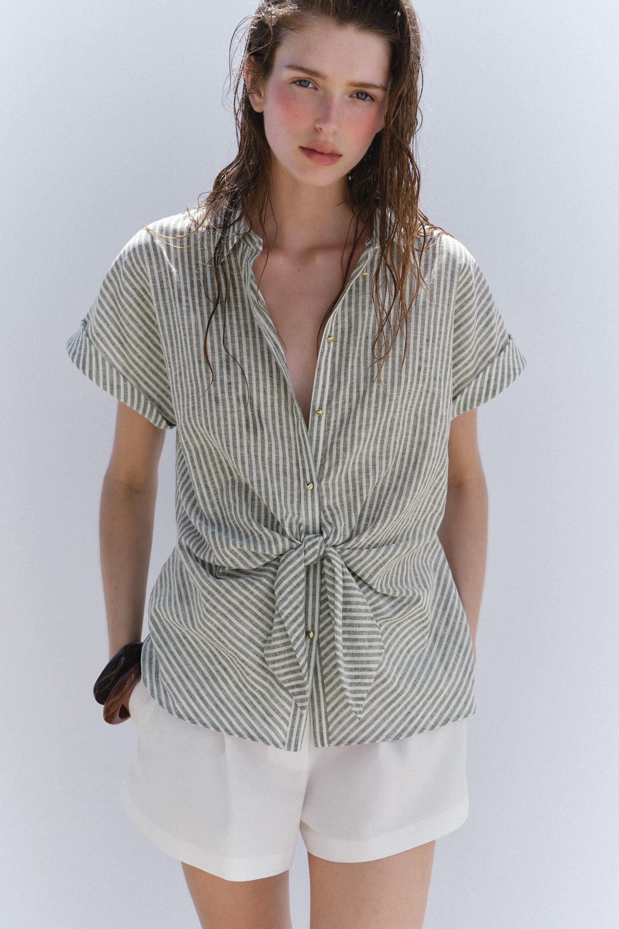STRIPED KNOTTED LINEN BLEND SHIRT