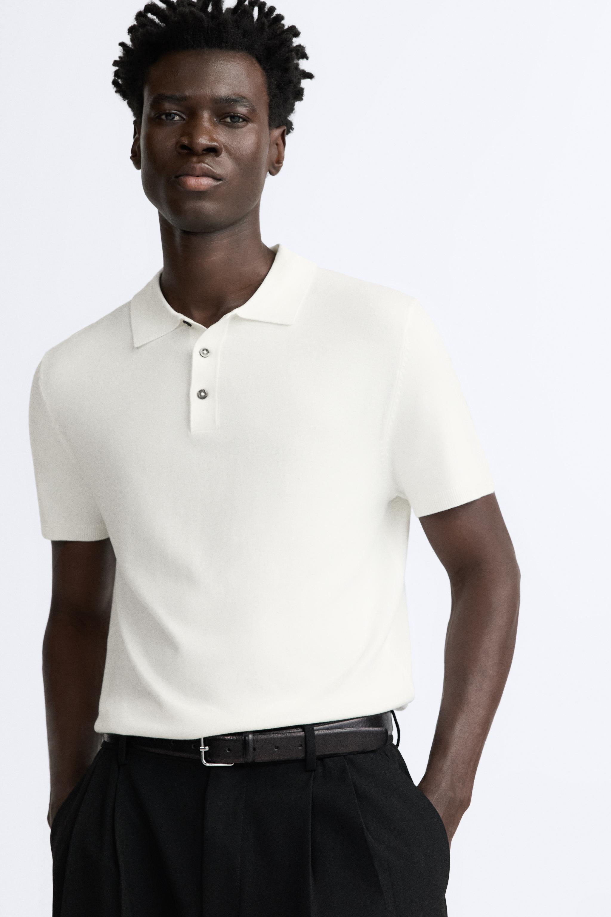 Off-White Ribbed Buttonless Polo Shirt in Californian Cotton