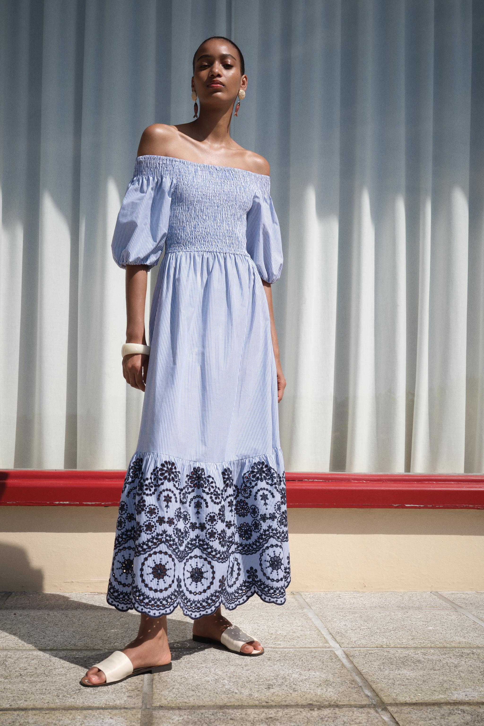 STRIPED EMBROIDERED MIDI DRESS