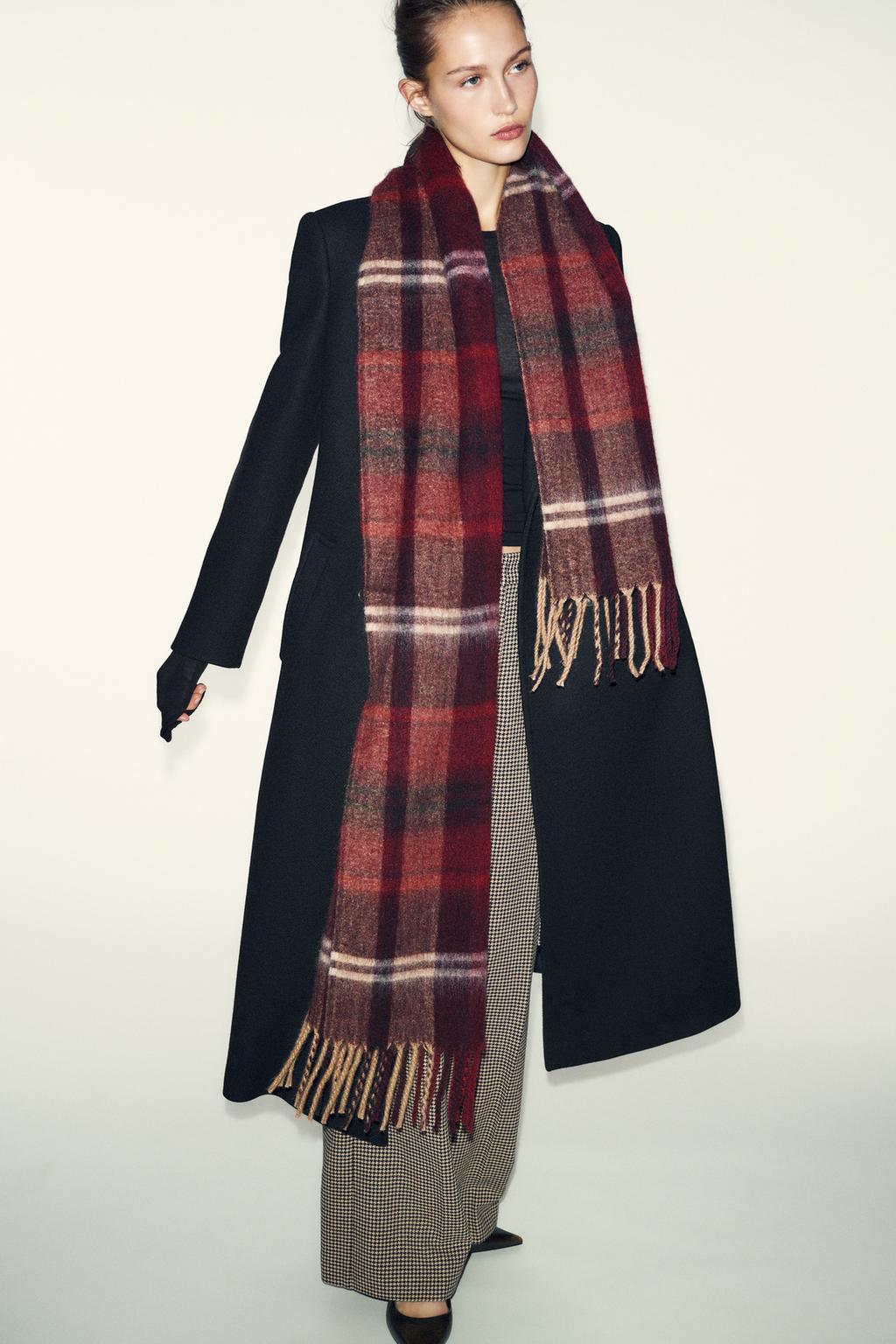 Black coat with plaid scarf for winter brunch