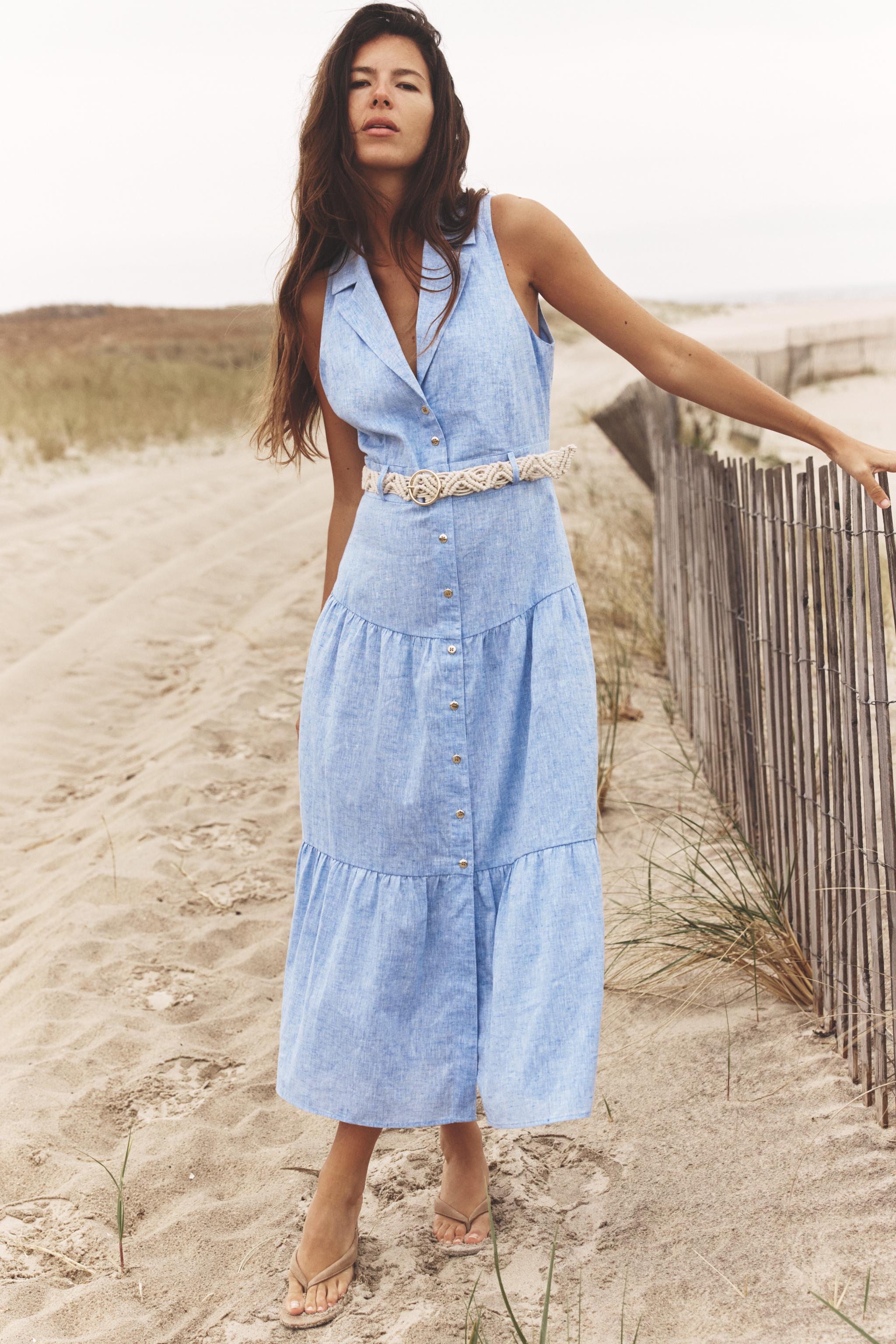 MIDI DRESS WITH BELT LINEN BLEND