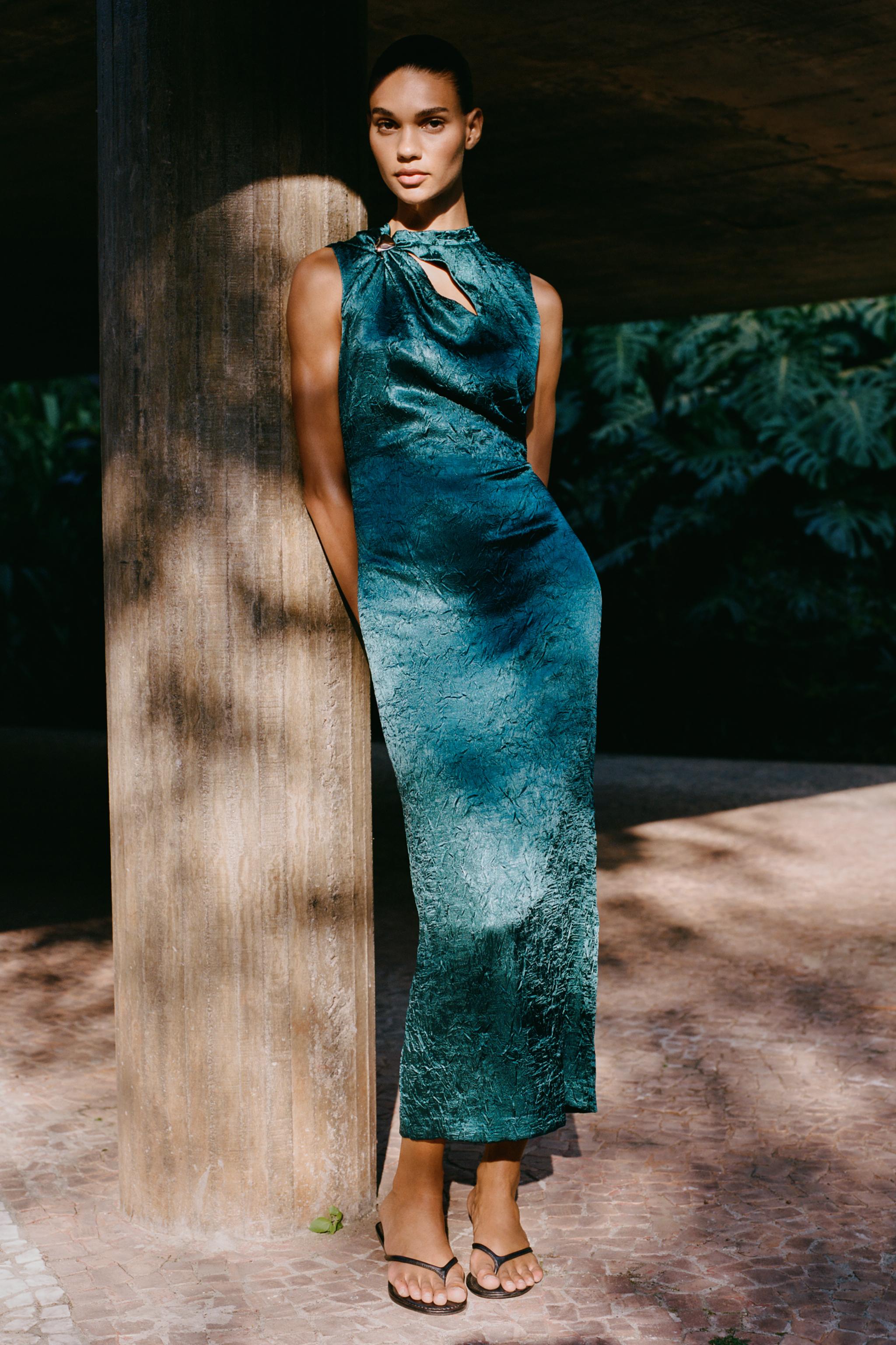 GOLD APPLIQUÉ SATIN MIDI DRESS