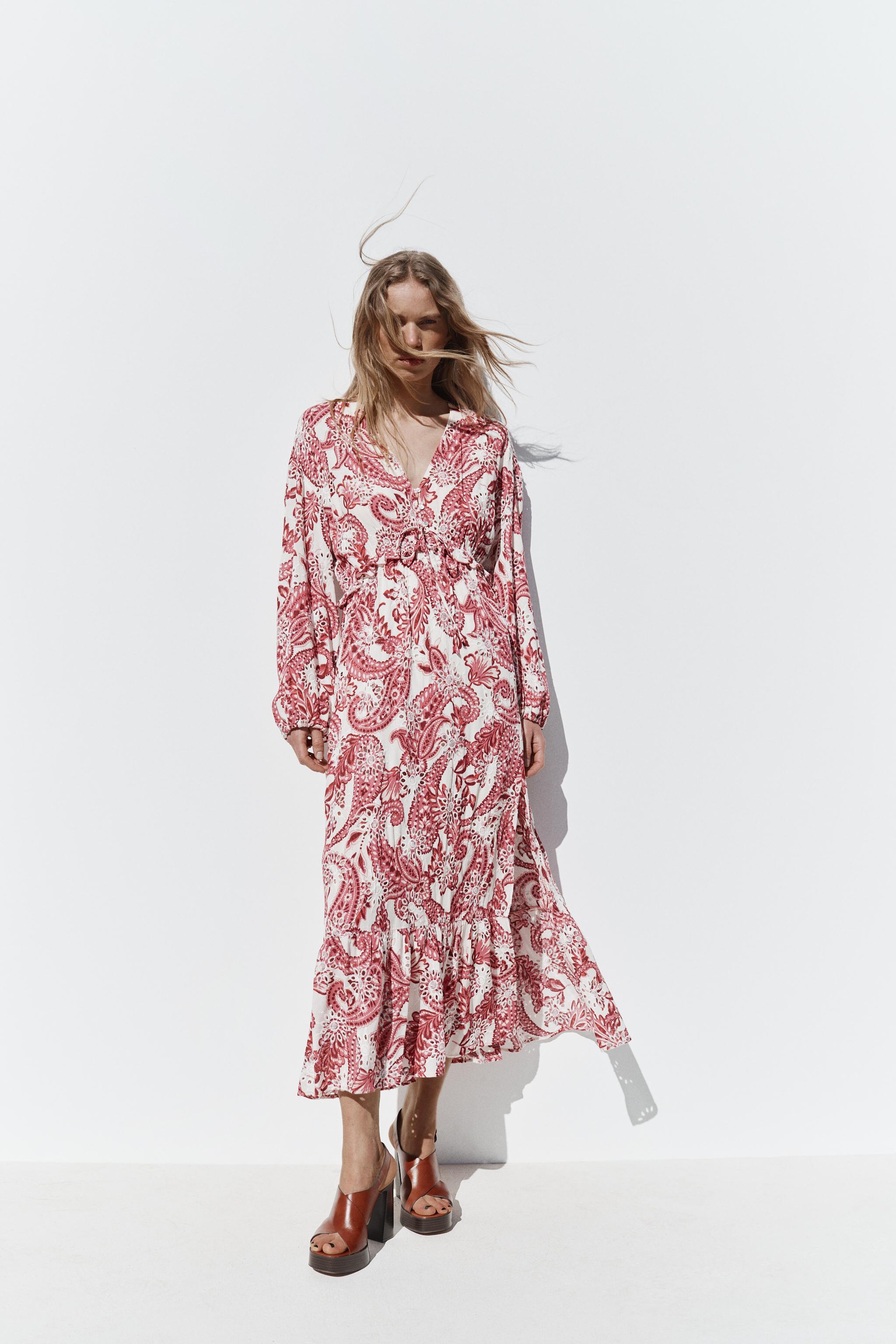 PRINTED MIDI DRESS WITH CUTWORK EMBROIDERY