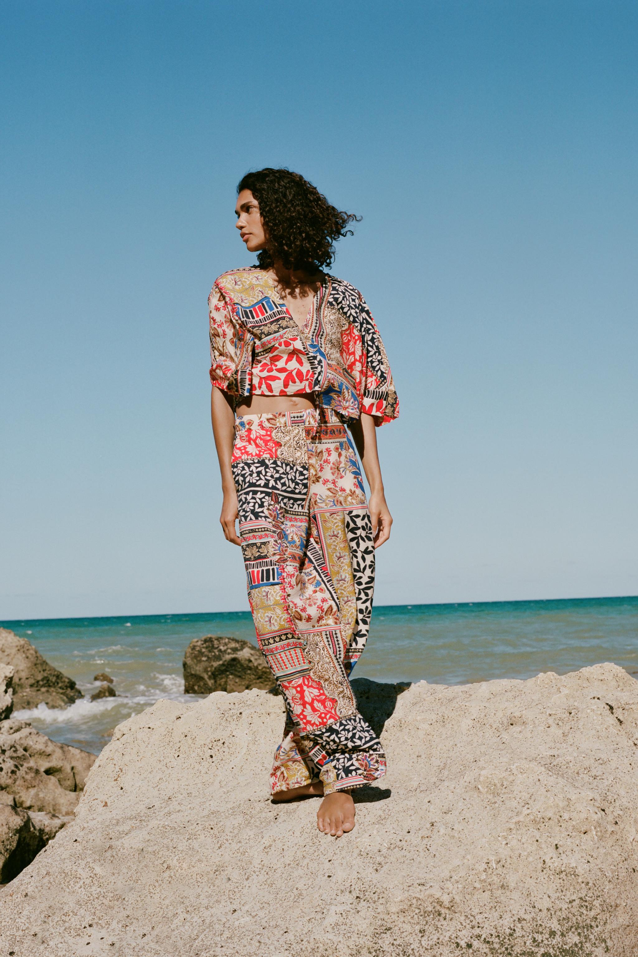 PATCHWORK PRINT WIDE-LEG TROUSERS