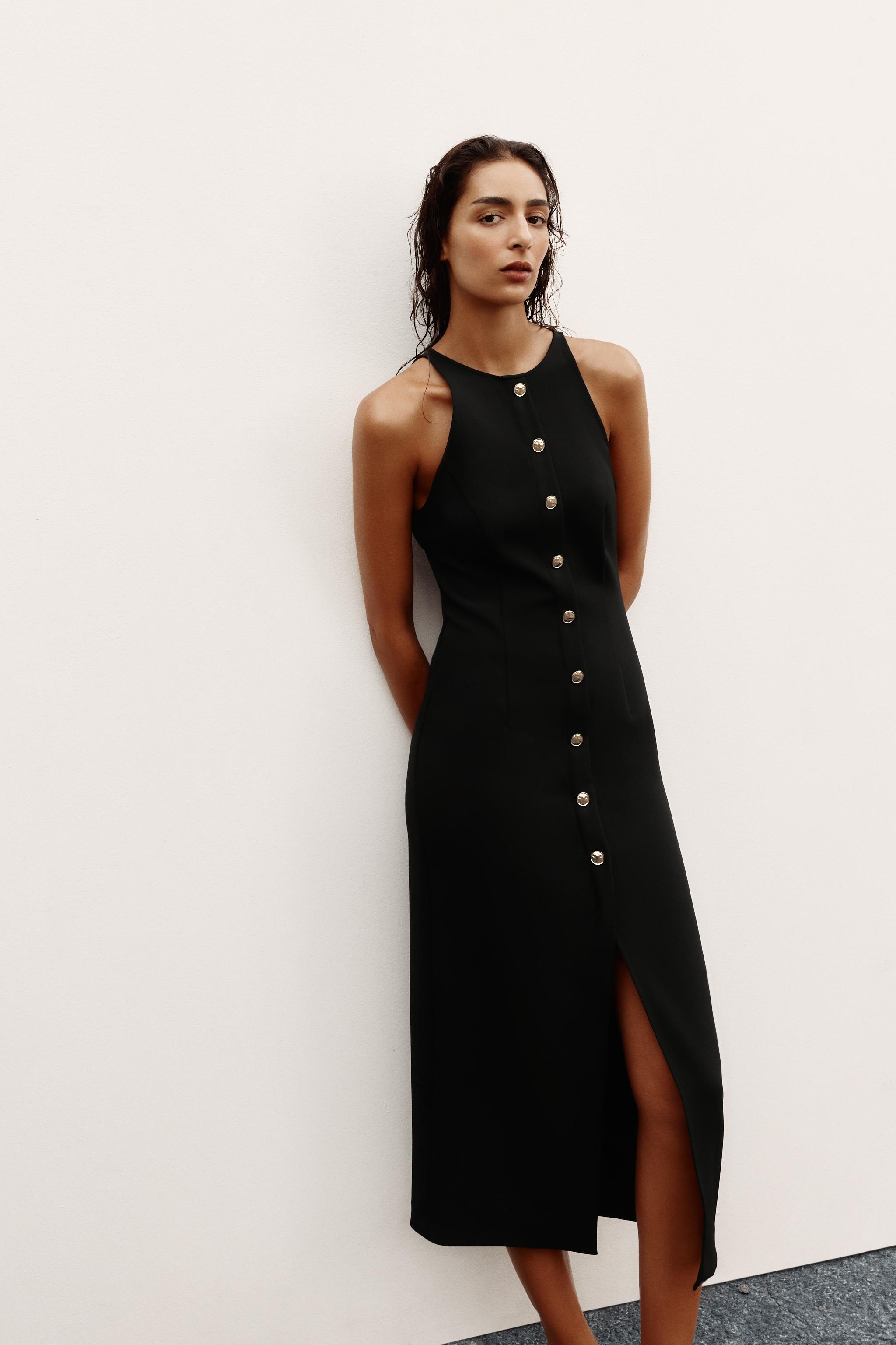 GOLD BUTTON CREPE MIDI DRESS
