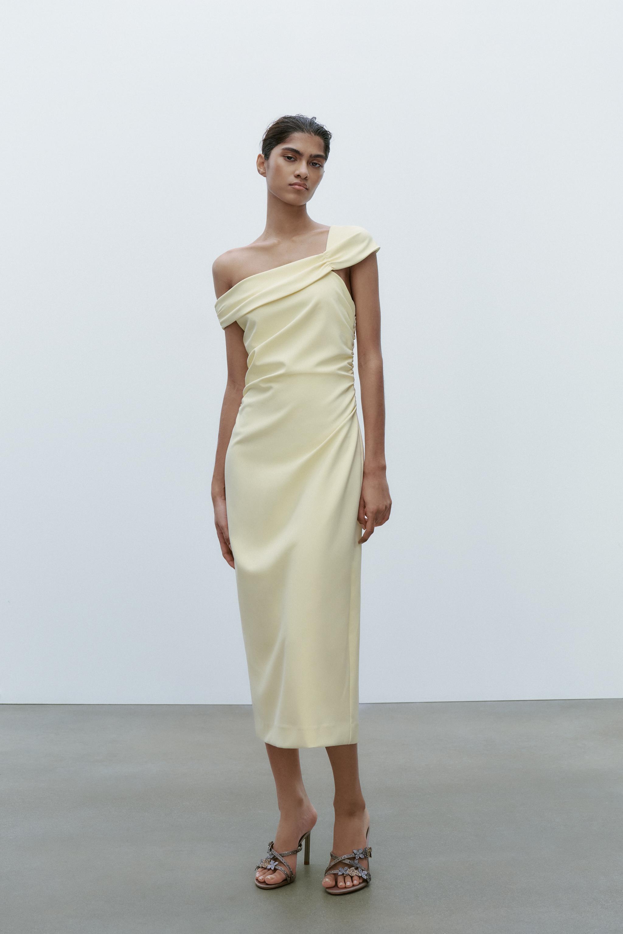 ASYMMETRIC RUCHED MIDI DRESS