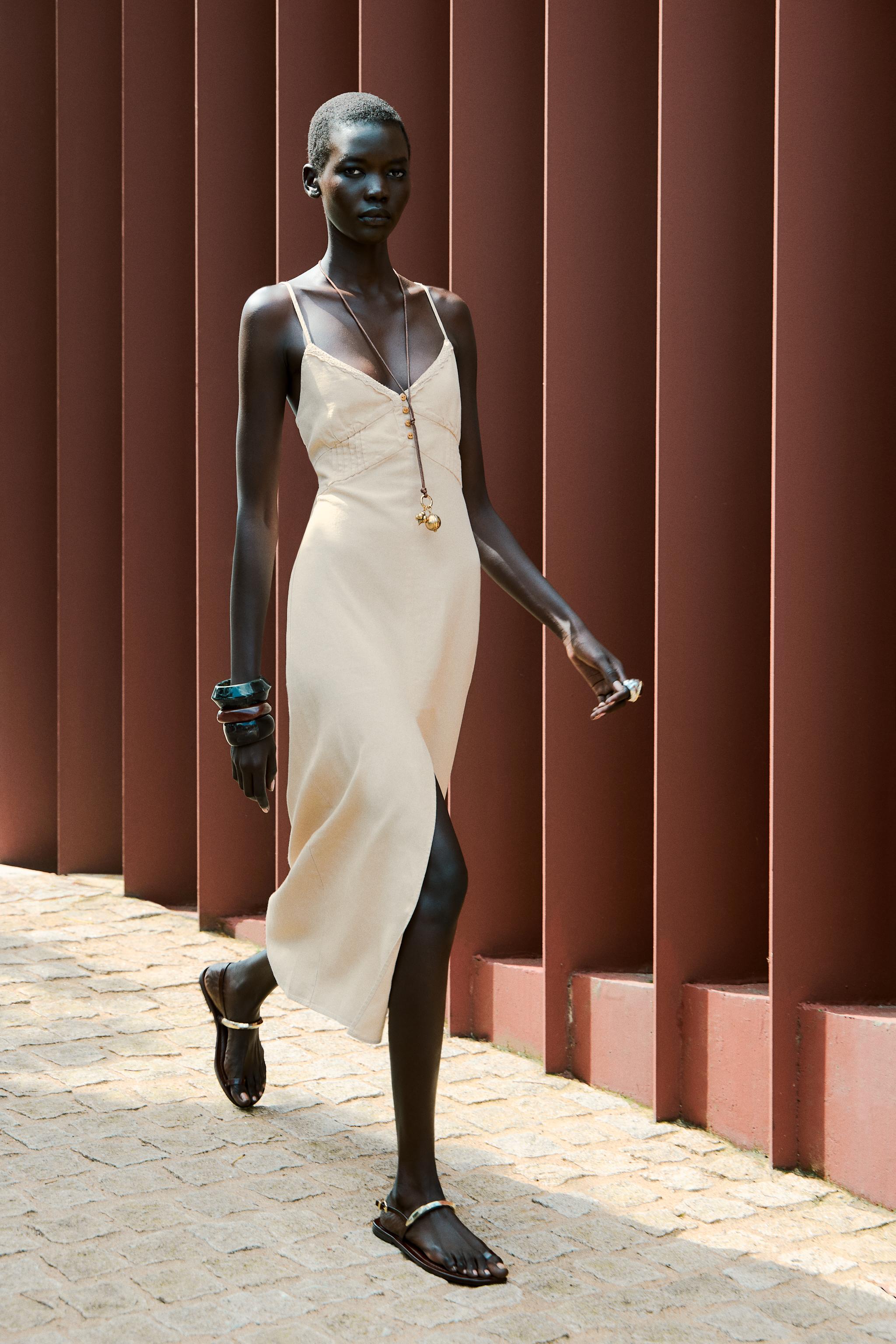 LINEN BLEND MIDI STRAPPY DRESS