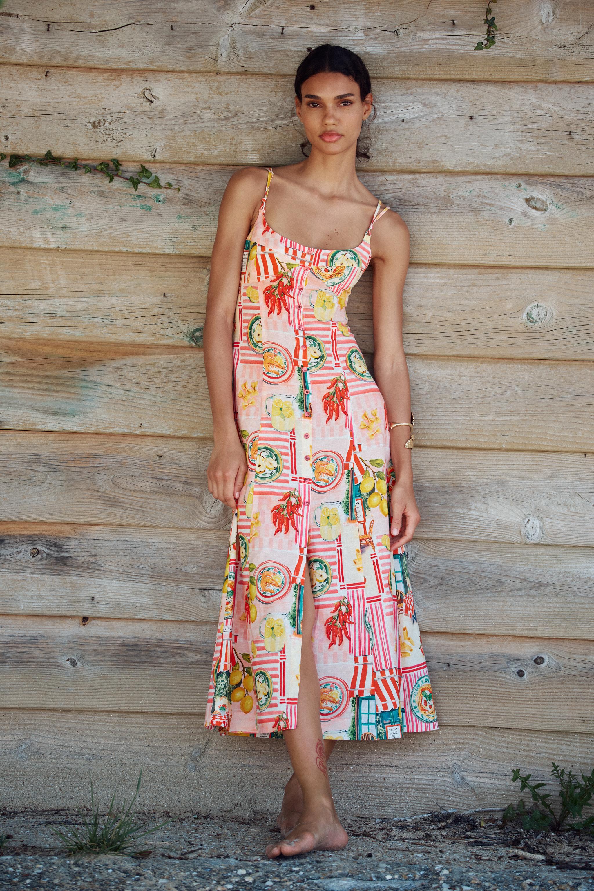 PATCHWORK PRINT MIDI DRESS WITH LINEN BLEND