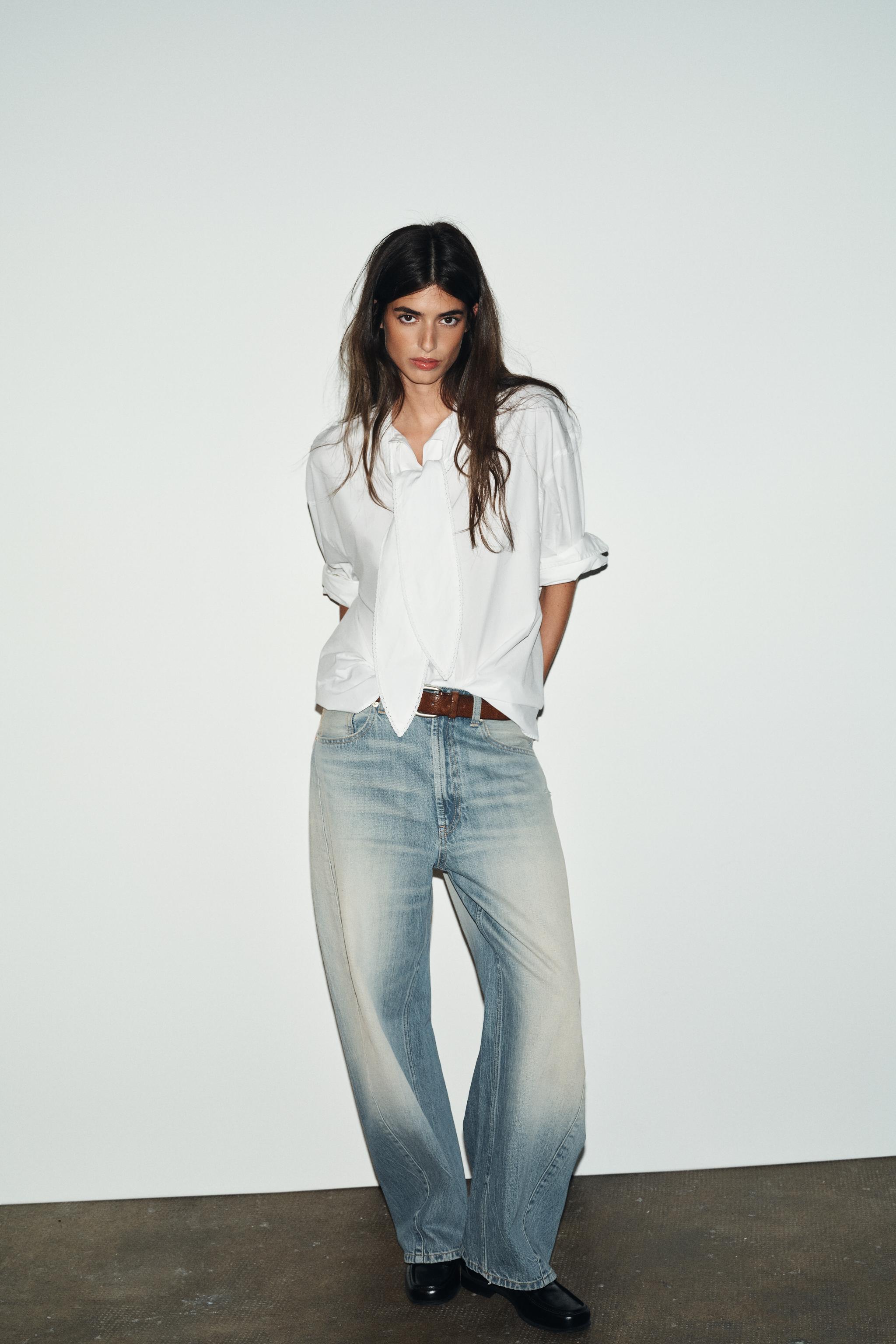OVERSIZE POPLIN SHIRT WITH LACE-TRIMMED TIE
