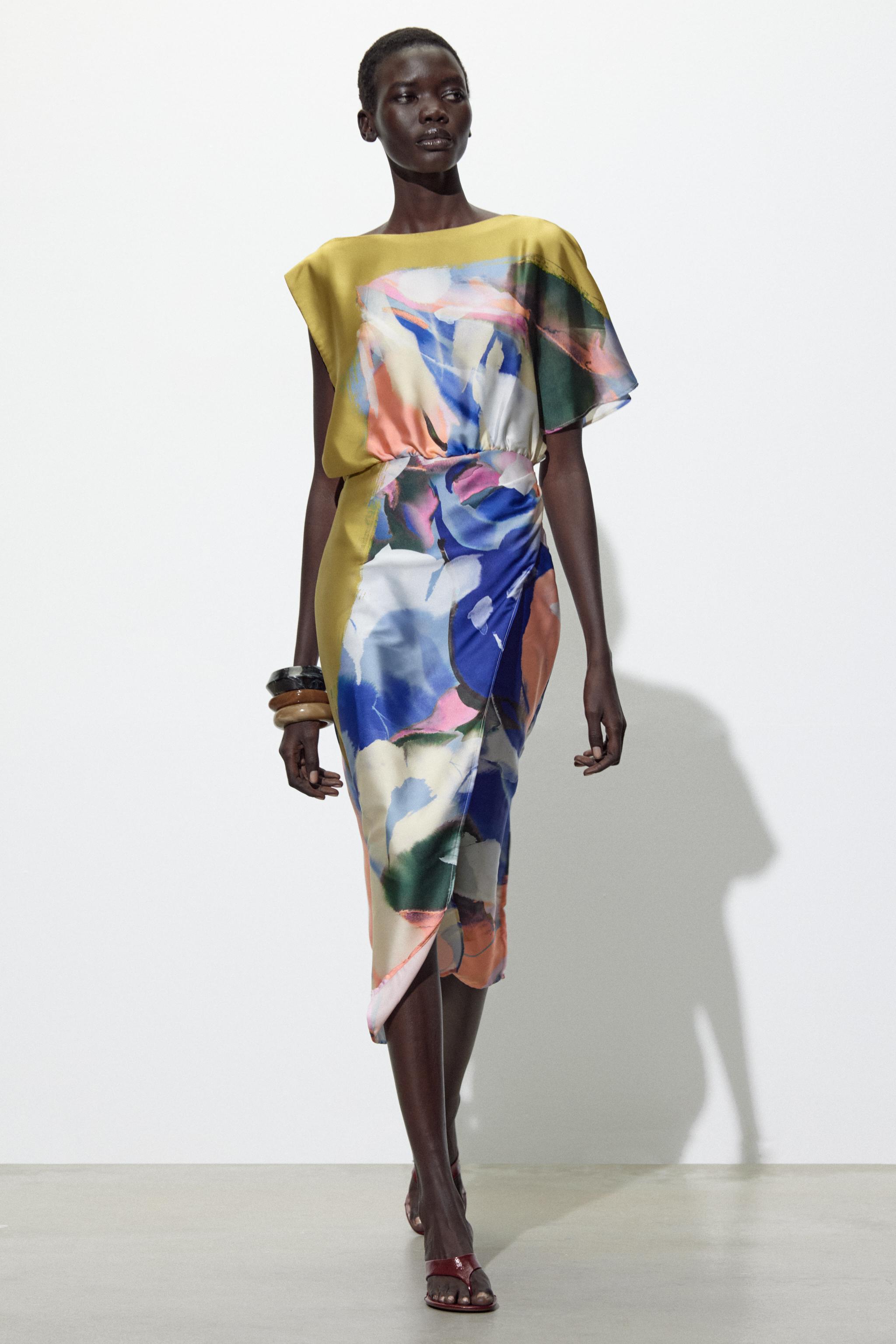 ASYMMETRIC PRINTED MIDI DRESS