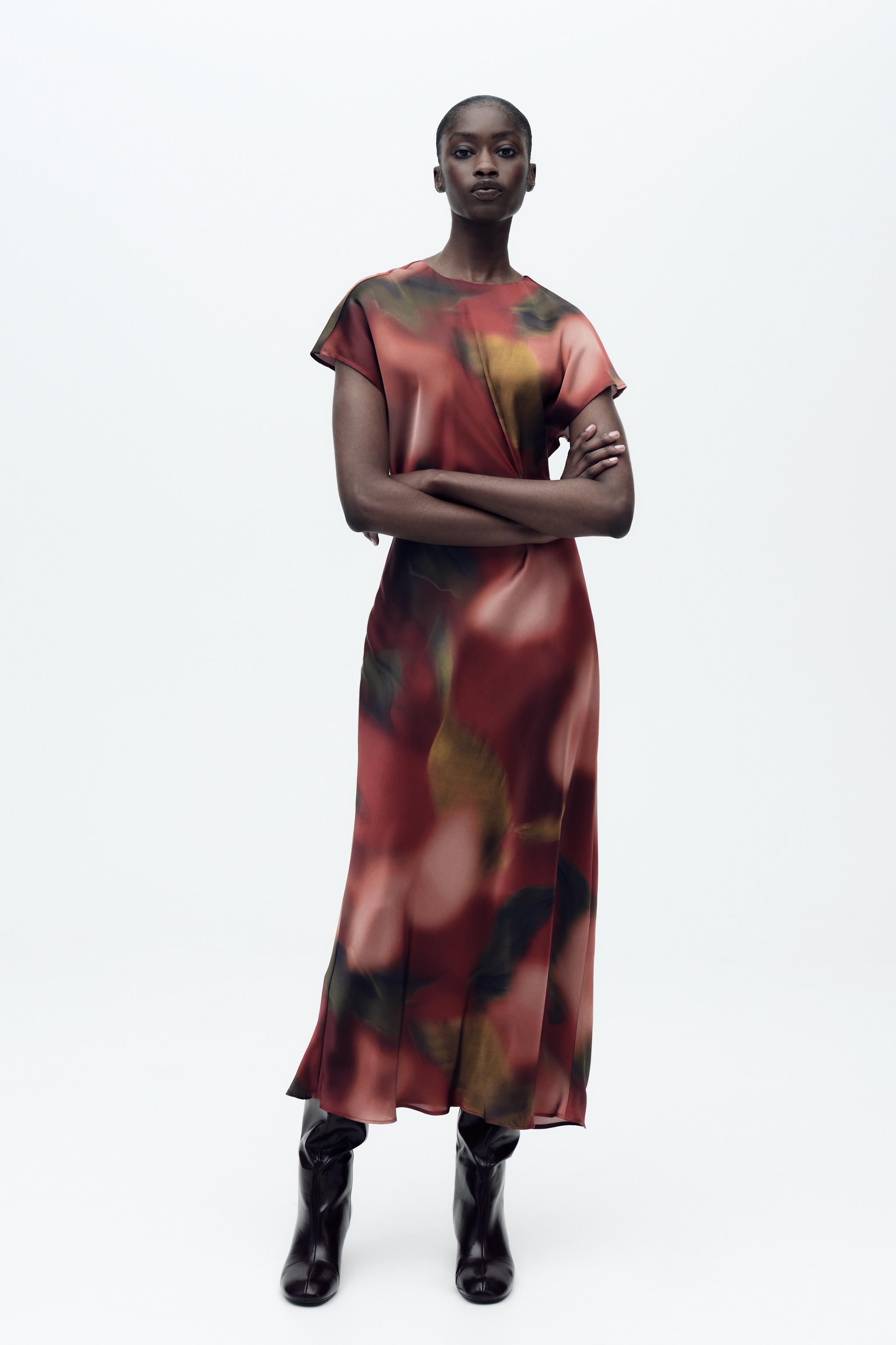 printed satin effect midi dress