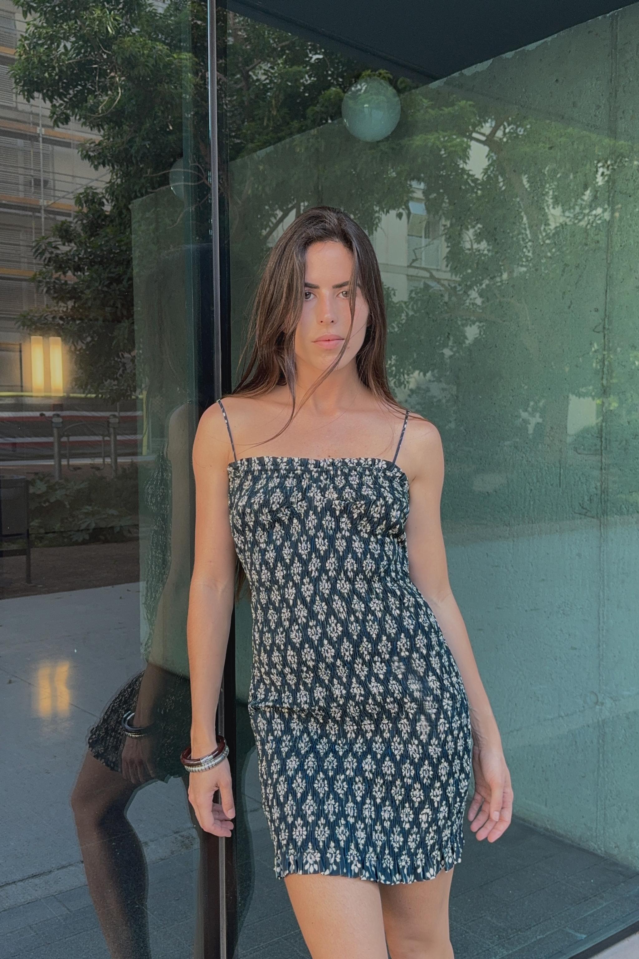 SMOCKED PRINTED MINI DRESS