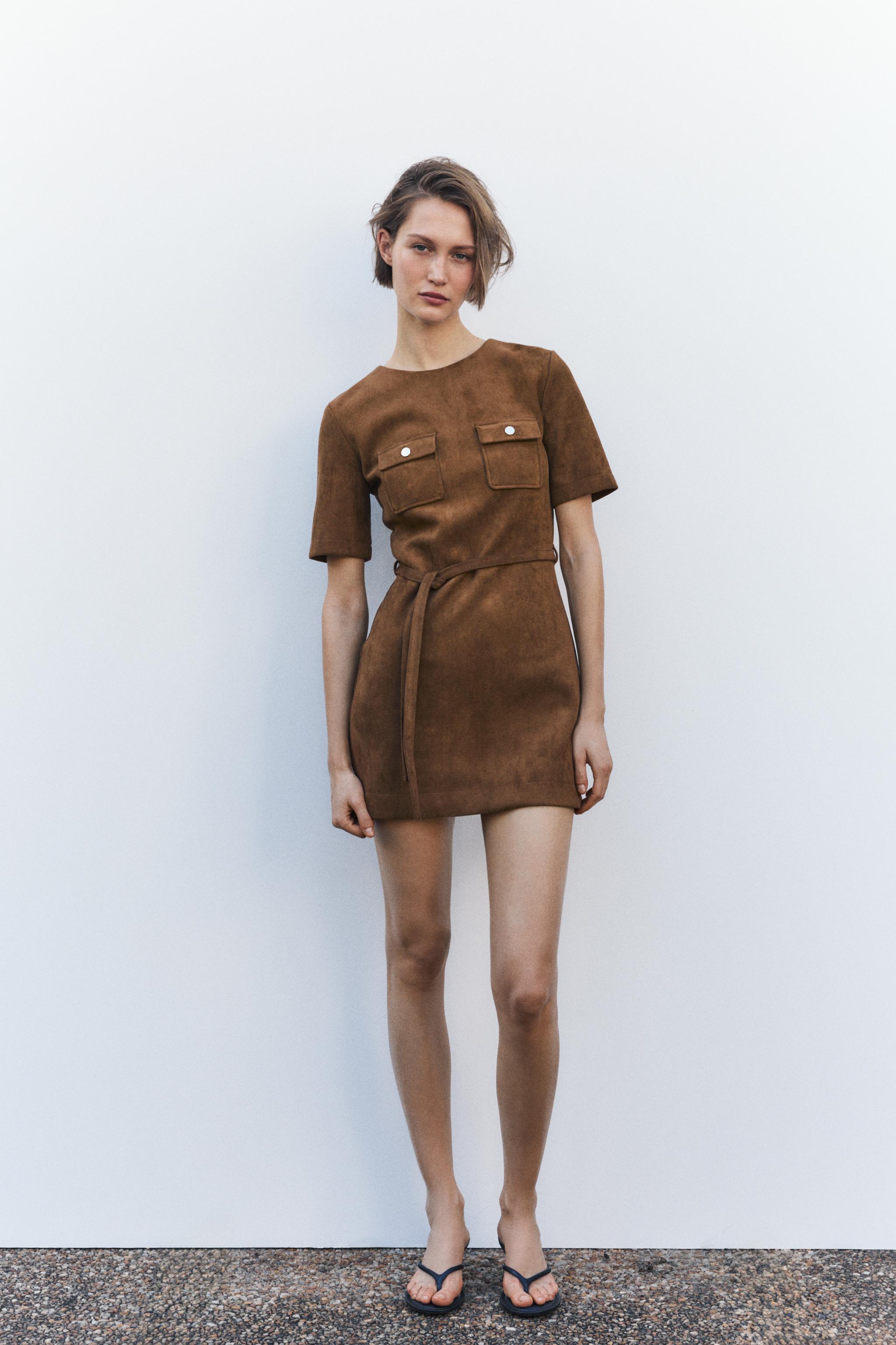 SUEDE-EFFECT BELTED DRESS