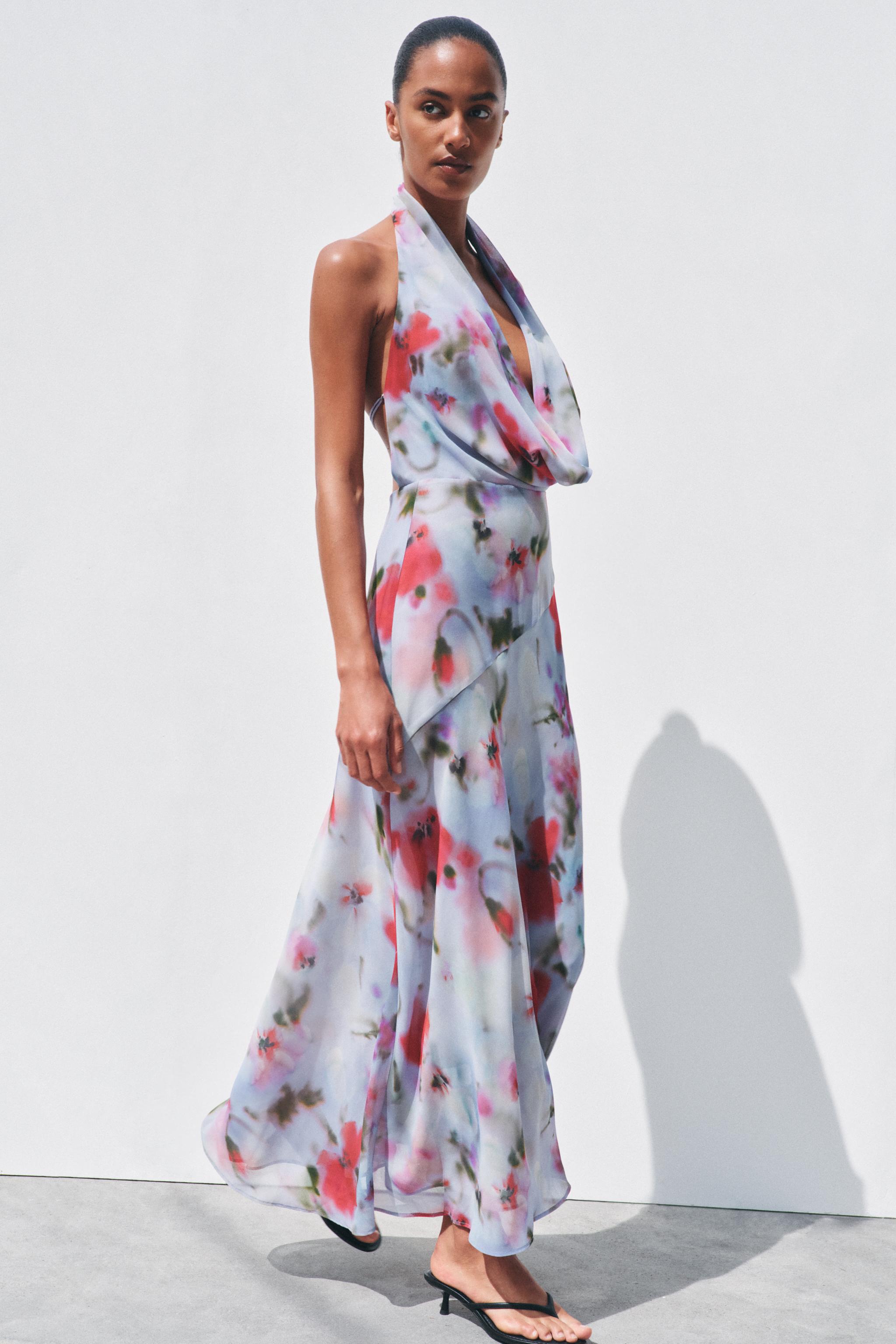 PRINTED HALTER MIDI DRESS