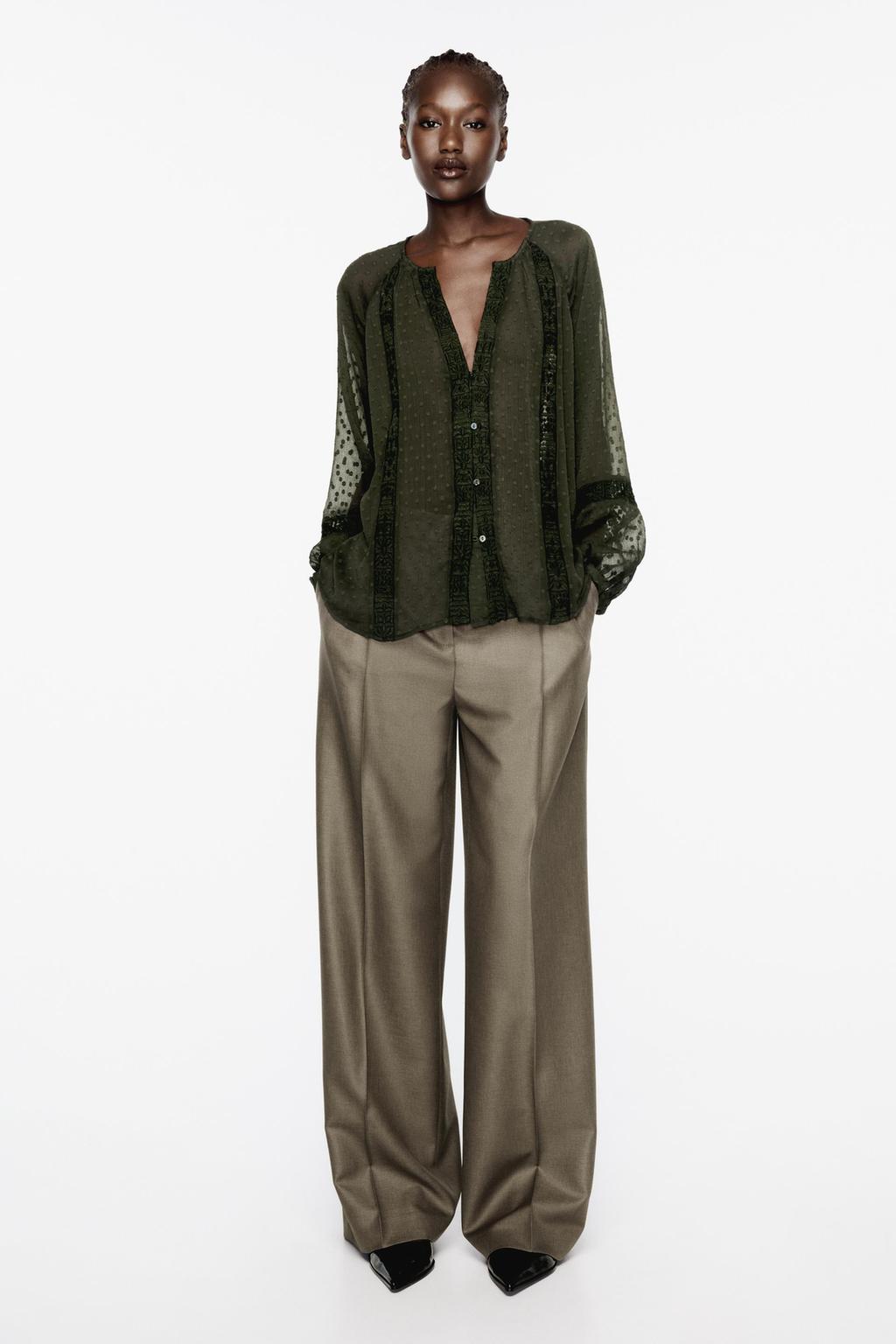 Embroidered dotted mesh blouse