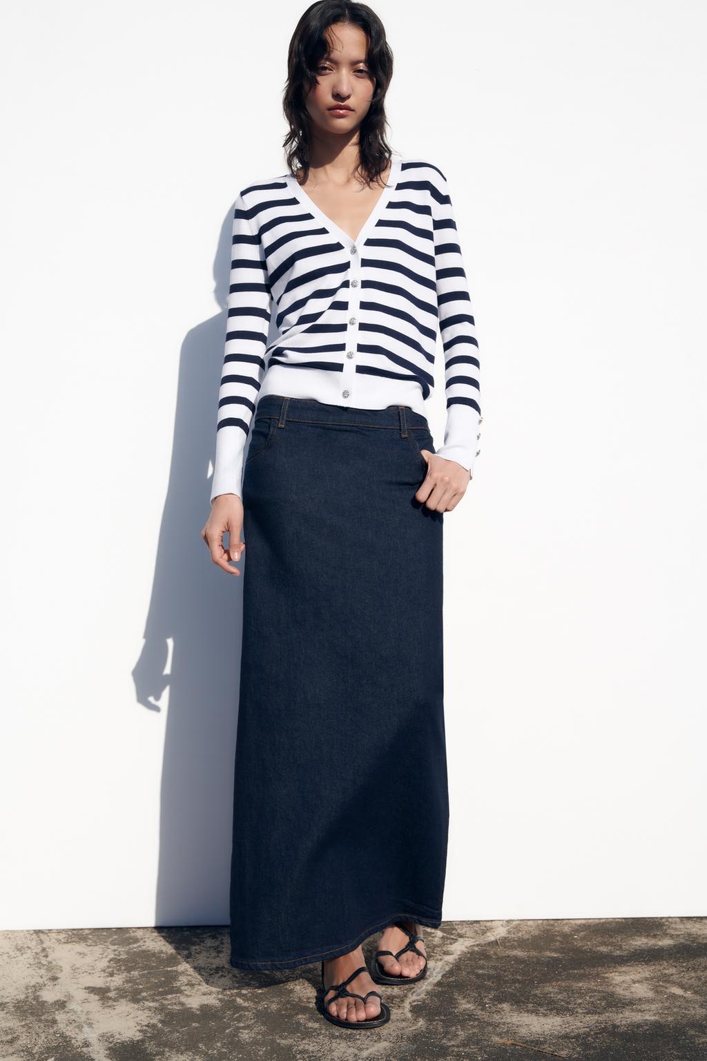 Striped Jeweled-Button Cardigan