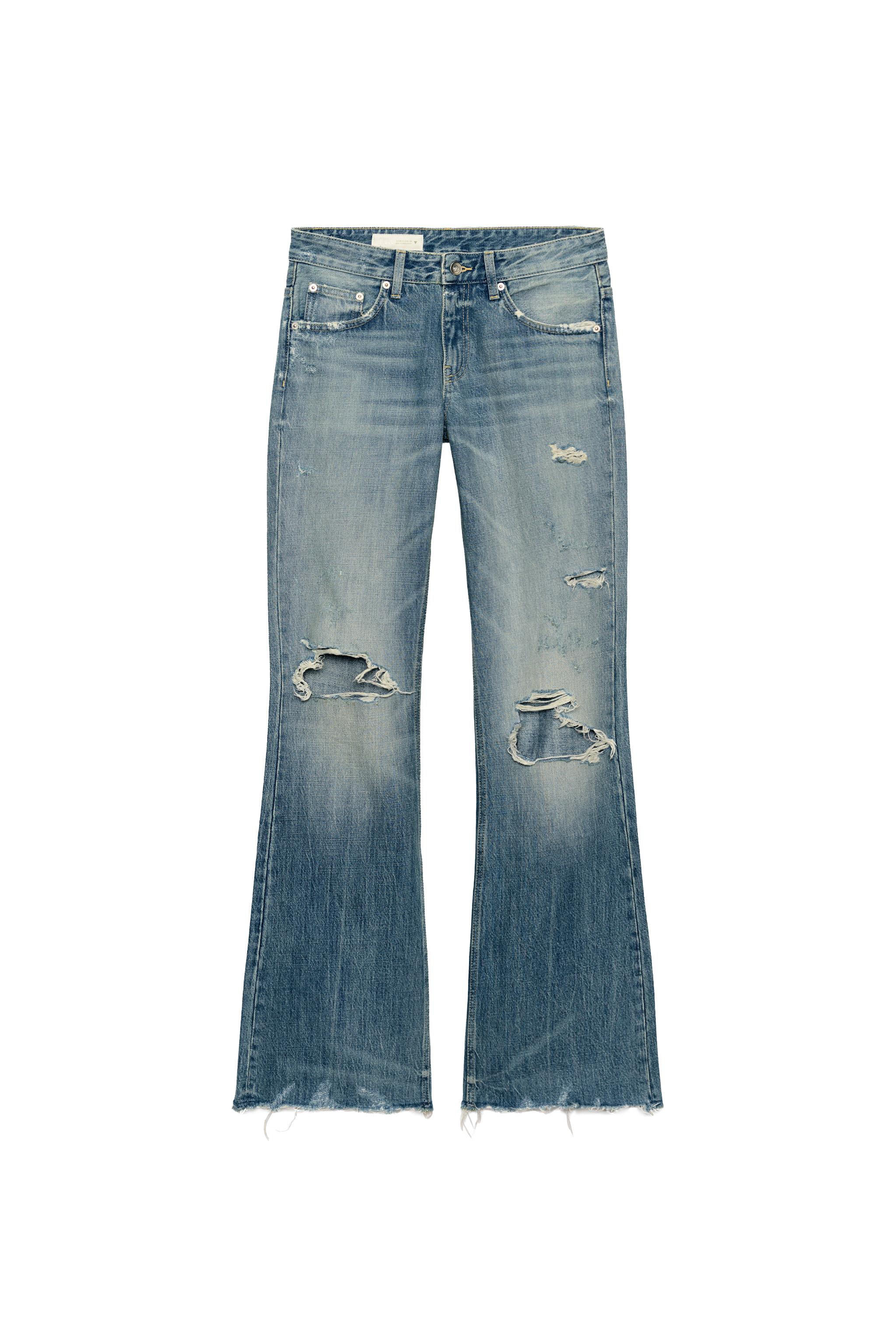 Mid-rise distressed flare jeans