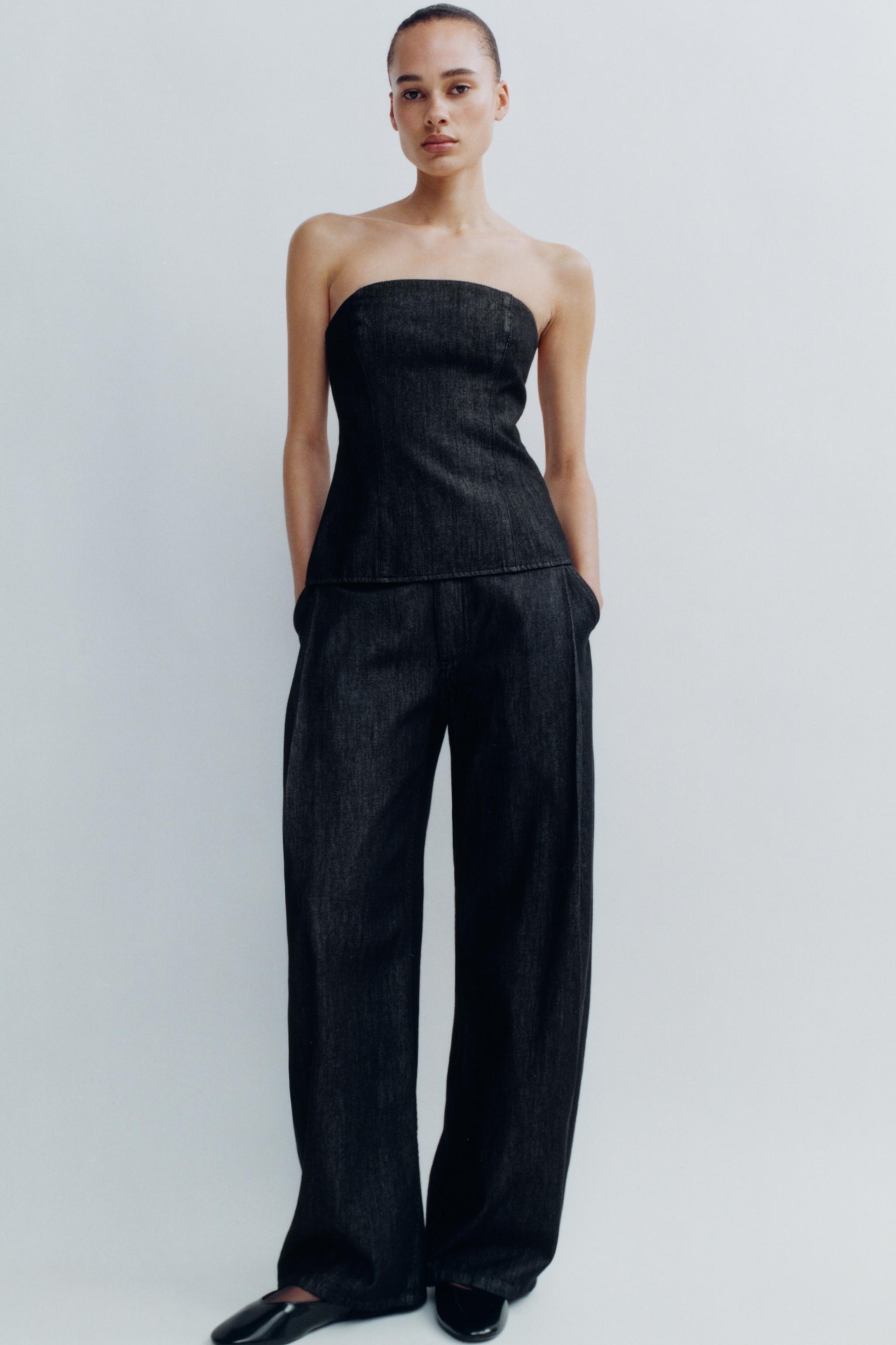 Pleated denim-effect trousers