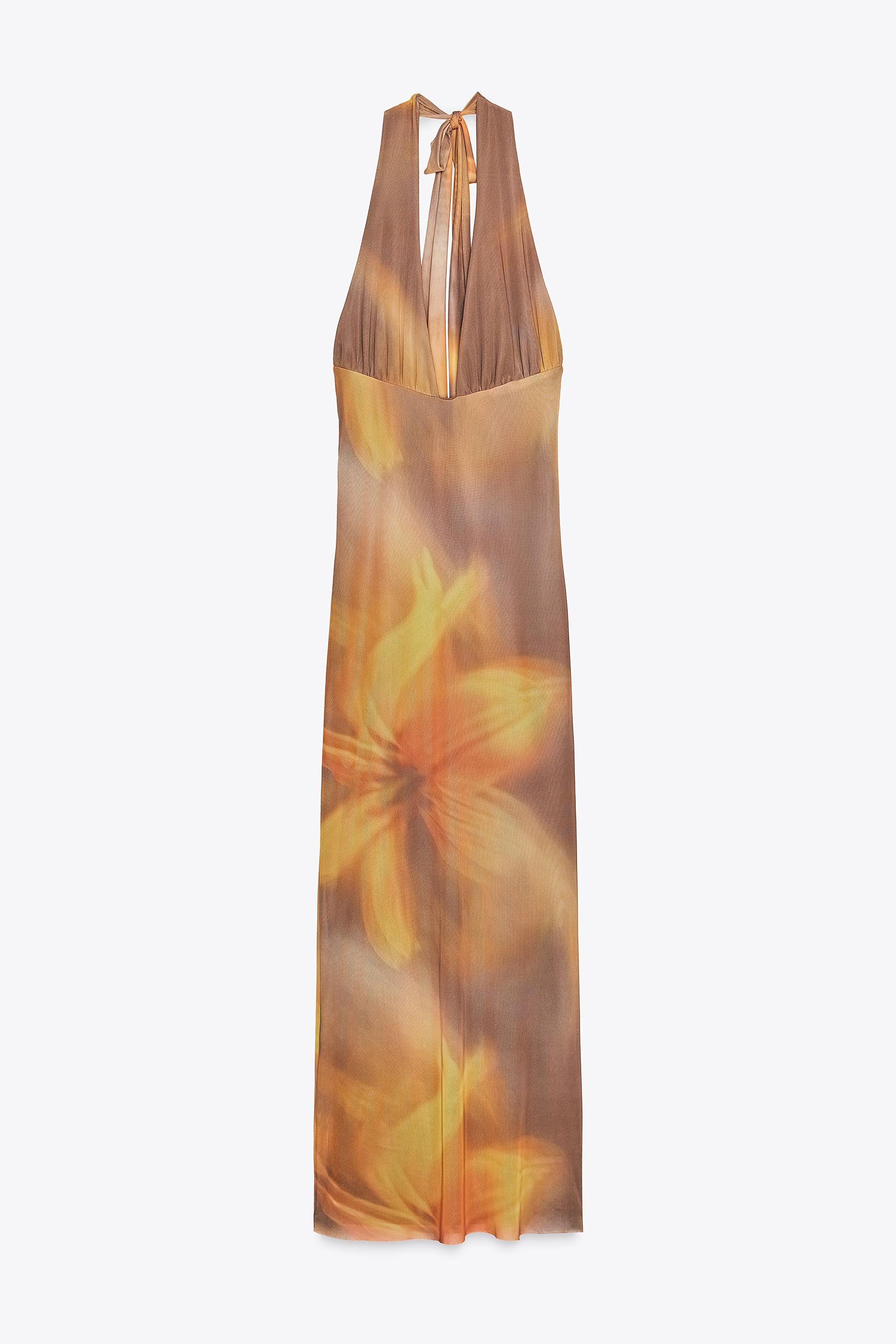 Printed Tulle Halter Midi Dress