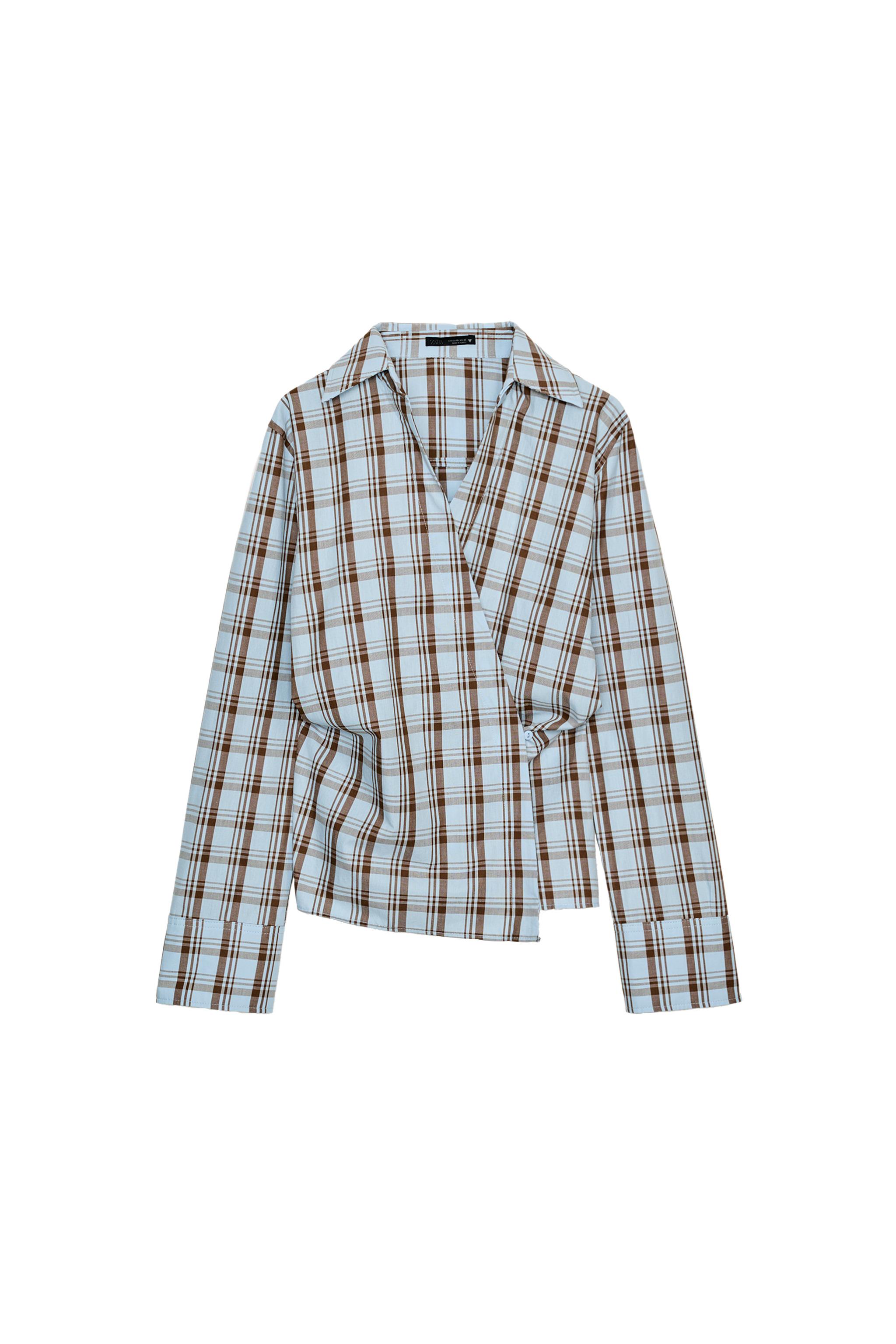 Checked poplin wrap blouse