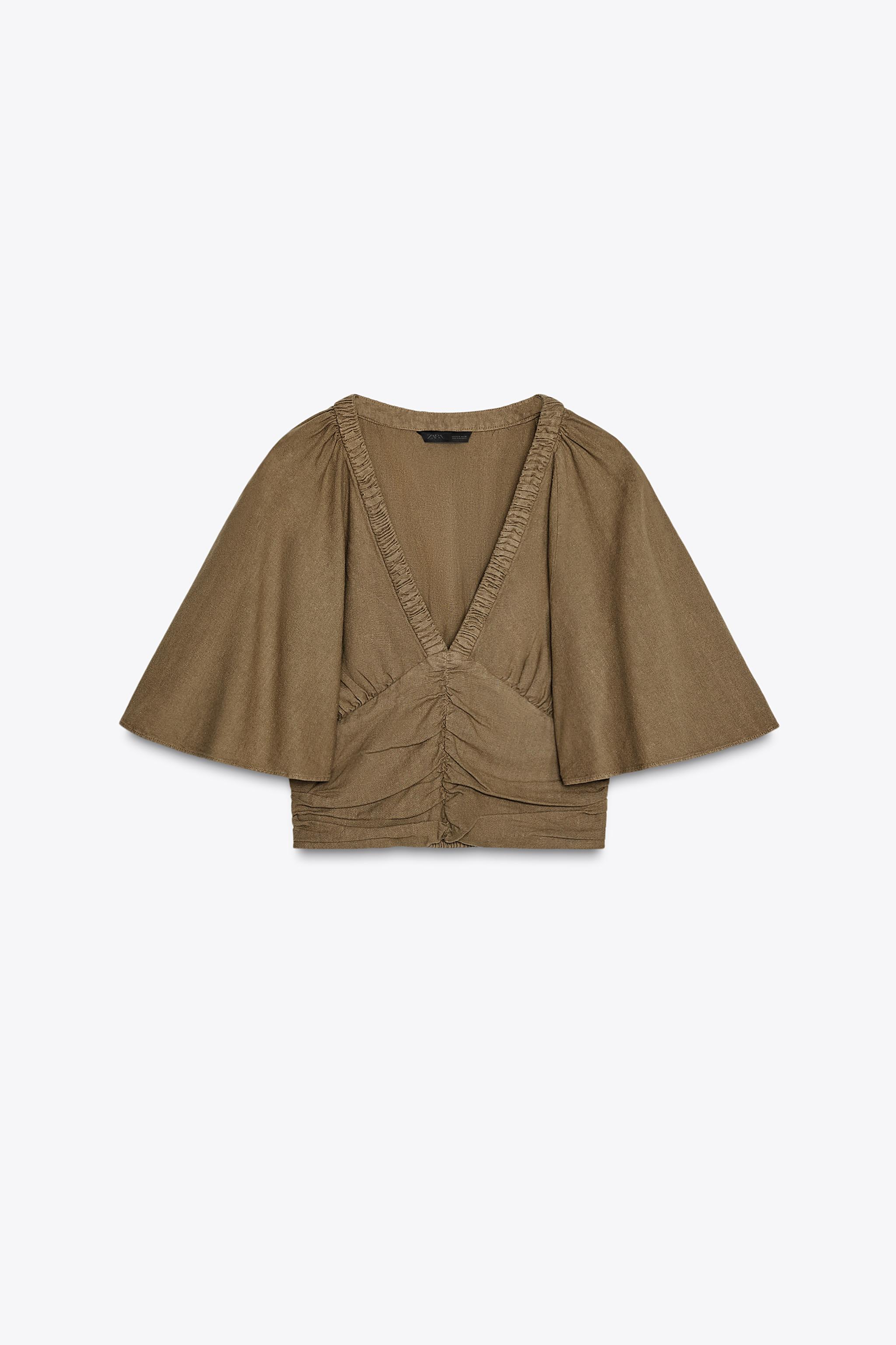 Linen Blend Ruffle-Sleeve Blouse