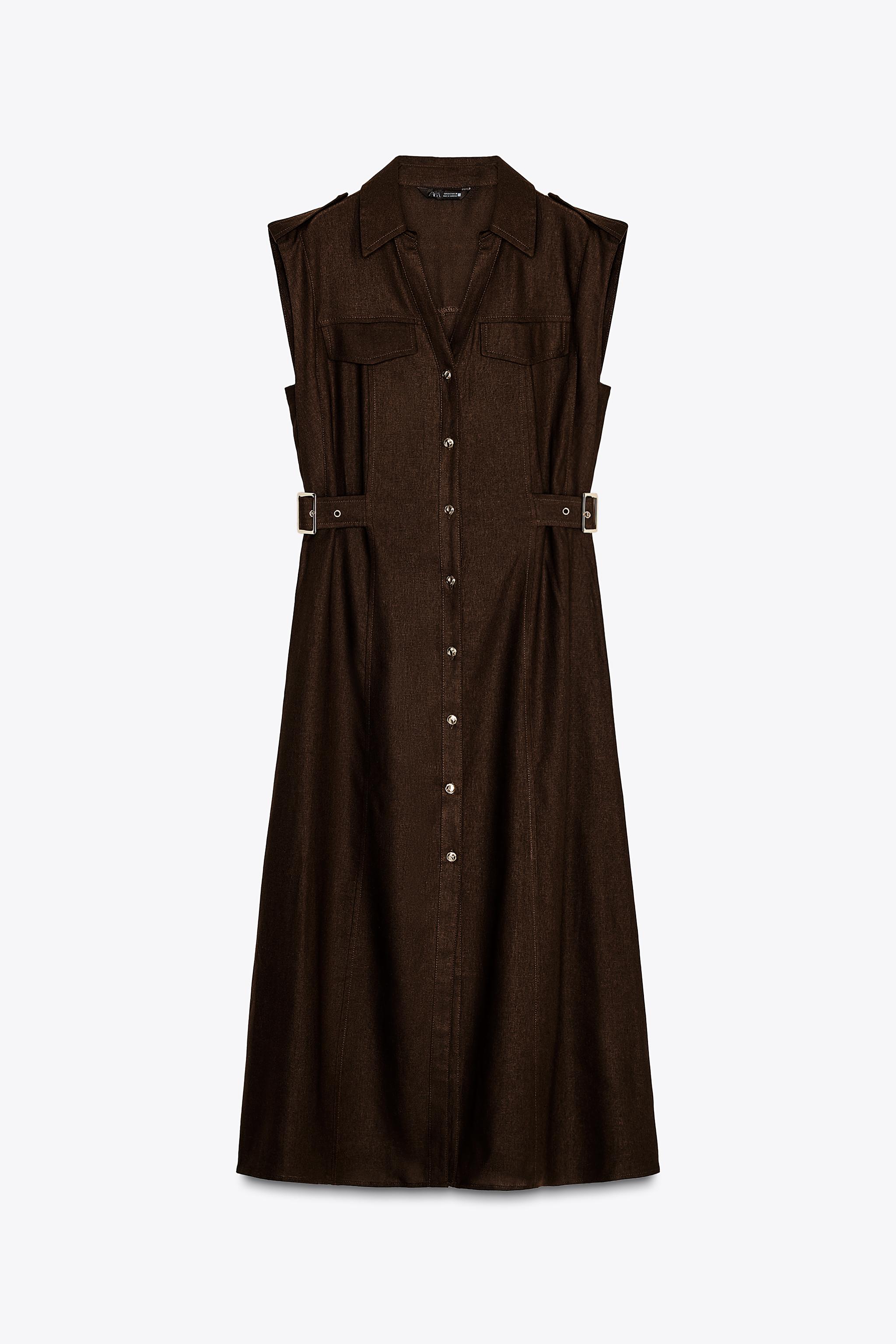 Brown linen midi dress