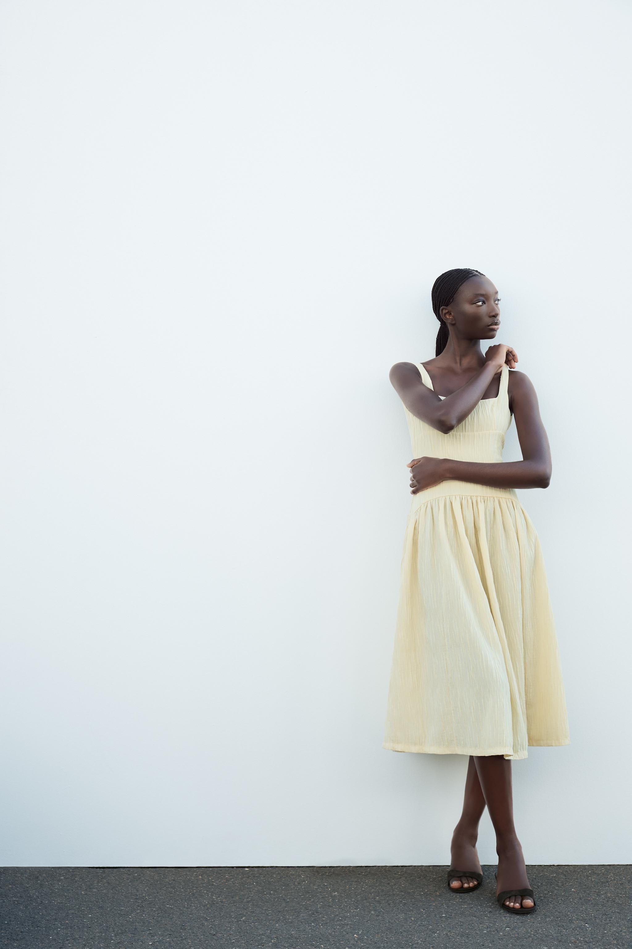 knee length dresses for ladies ZARA. White textured midi dress. TM  Hibuy market