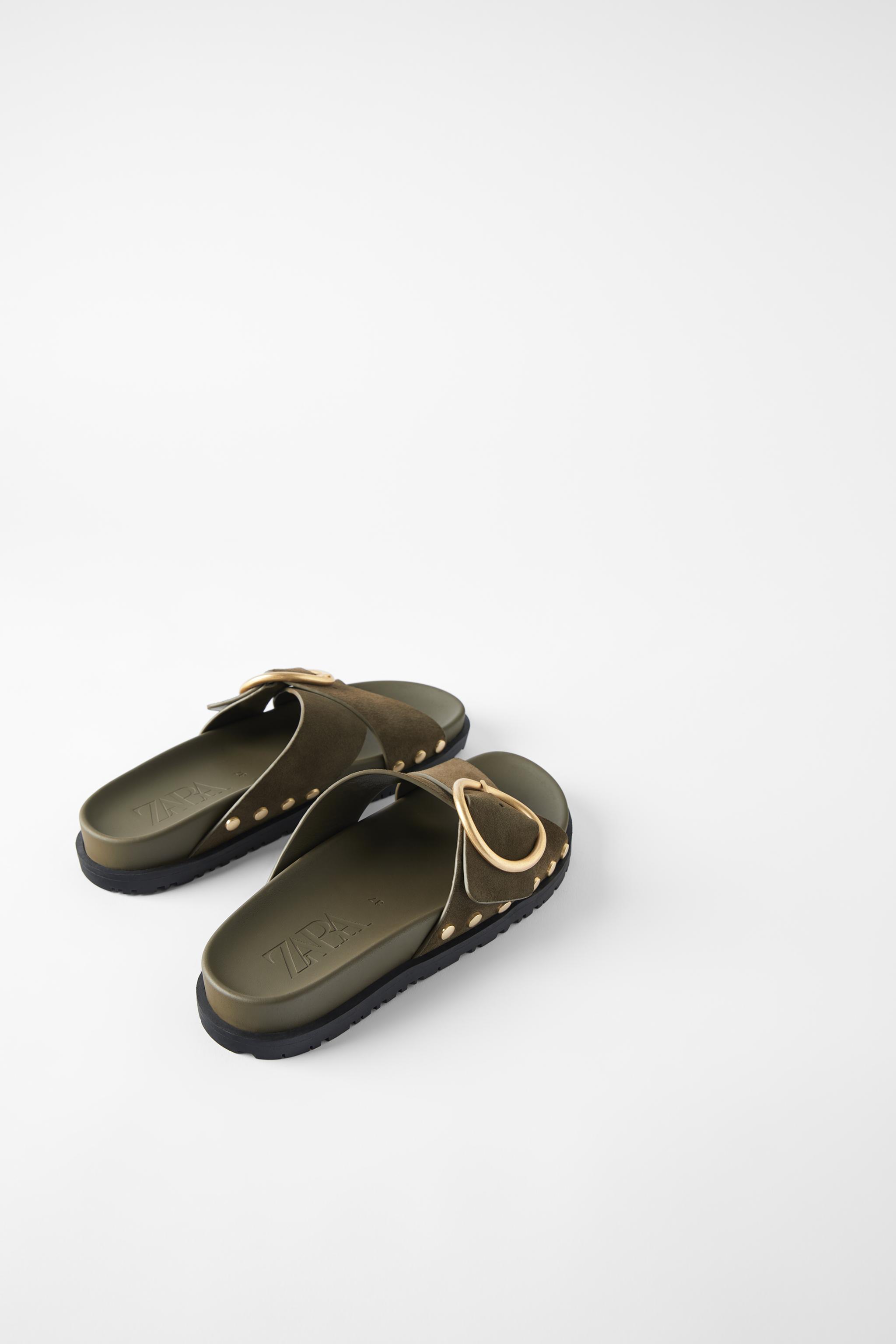 Zara FLAT LEATHER SANDALS WITH BUCKLE AND STUDS