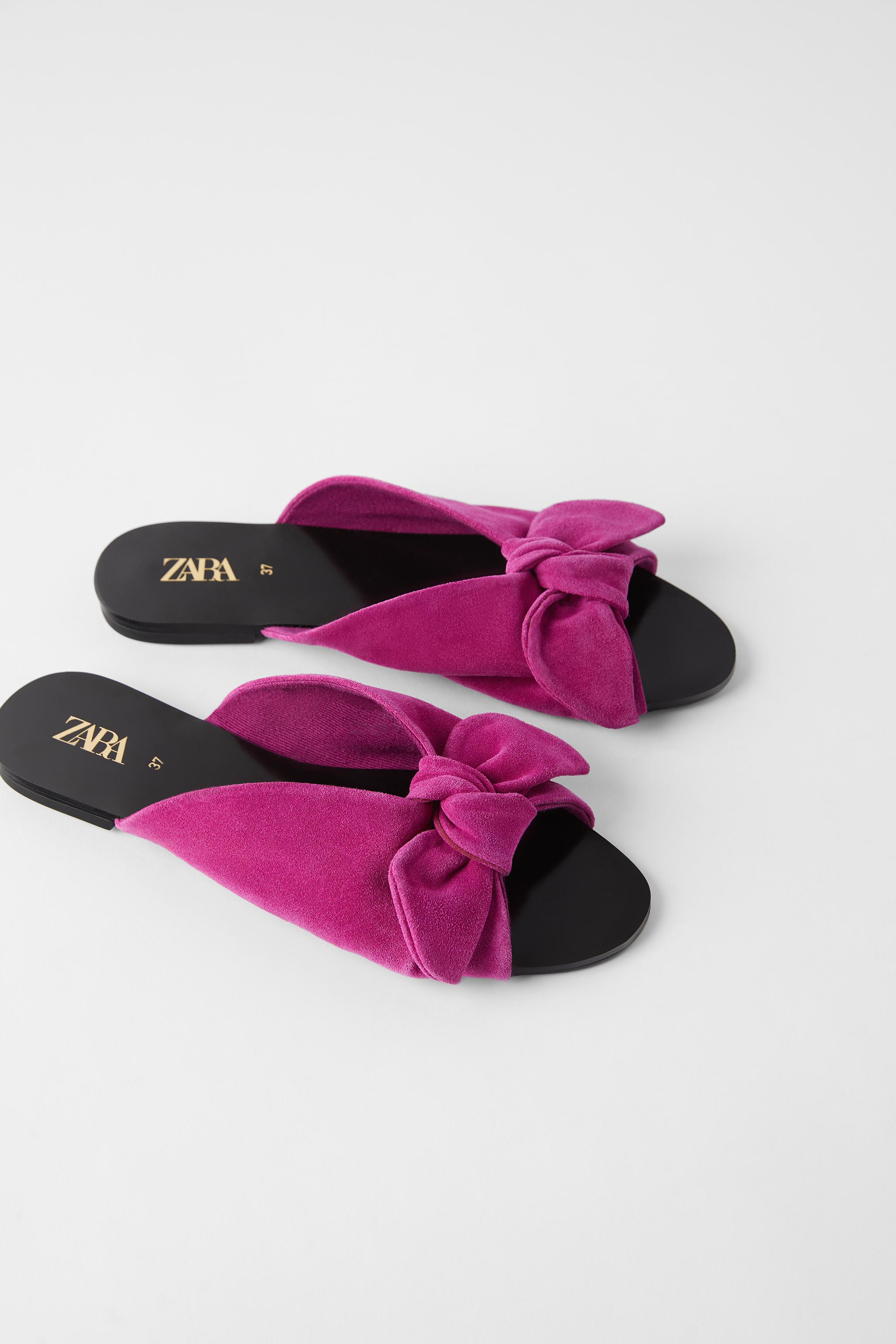 Zara FLAT SPLIT LEATHER SANDALS WITH BOW