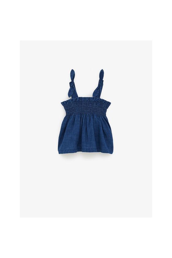 SMOCKED INDIGO DENIM TOP