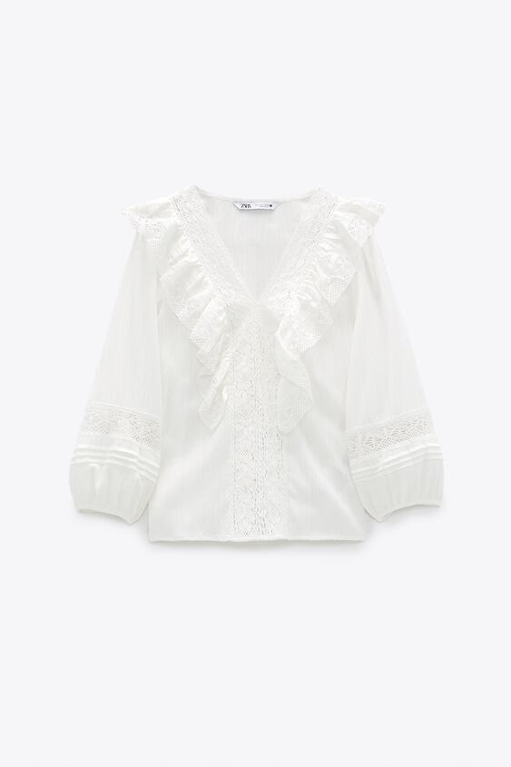 Zara LACE BLOUSE WITH RUFFLE TRIMS - 58236301-250-